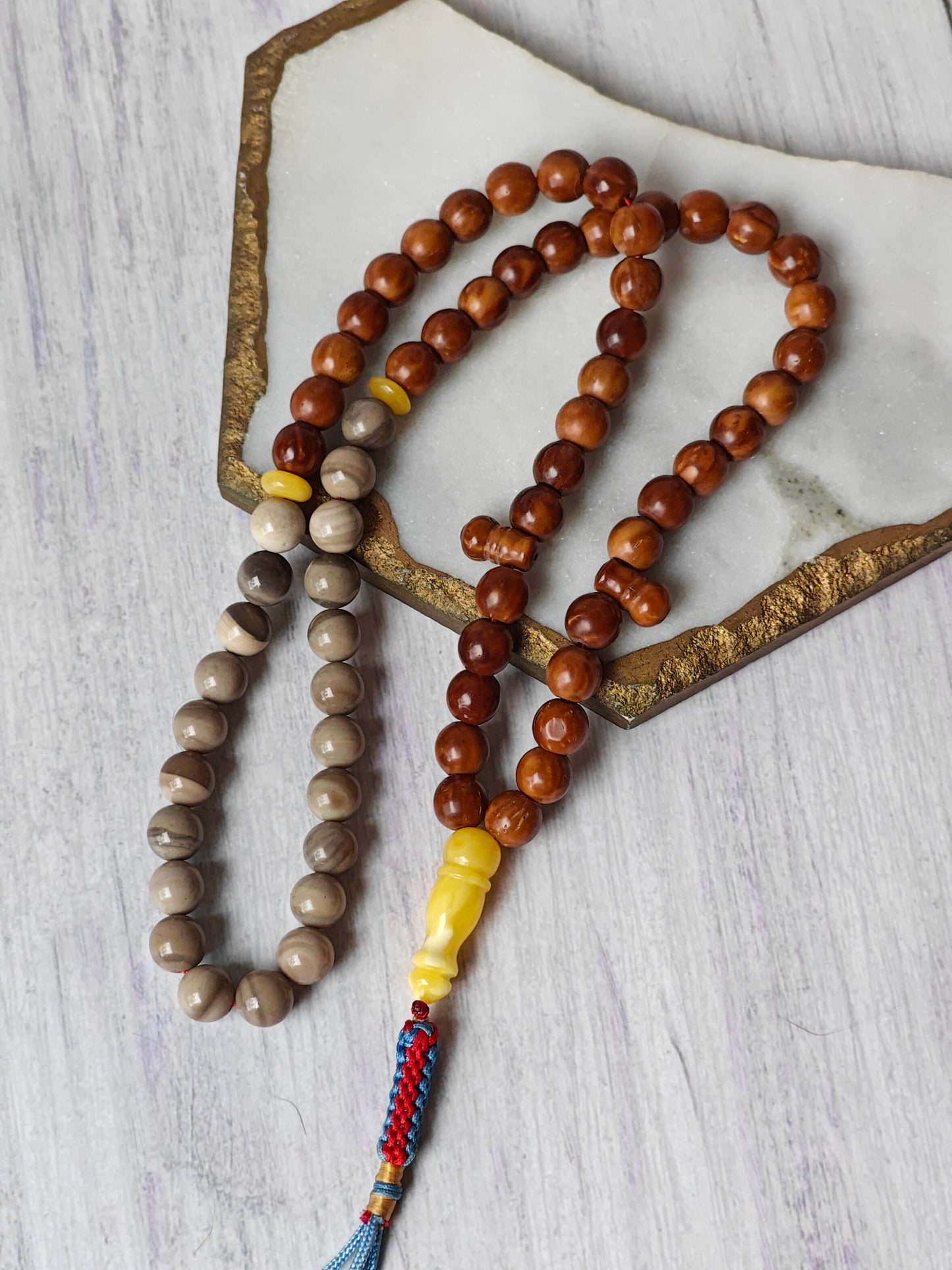 Natural Polish Striped Flint, Baltic Amber and Egyptian Kokka Wood Misbah 66 Beads