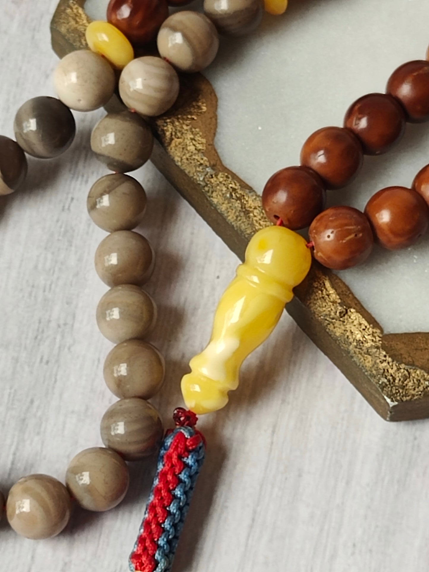 Natural Polish Striped Flint, Baltic Amber and Egyptian Kokka Wood Misbah 66 Beads