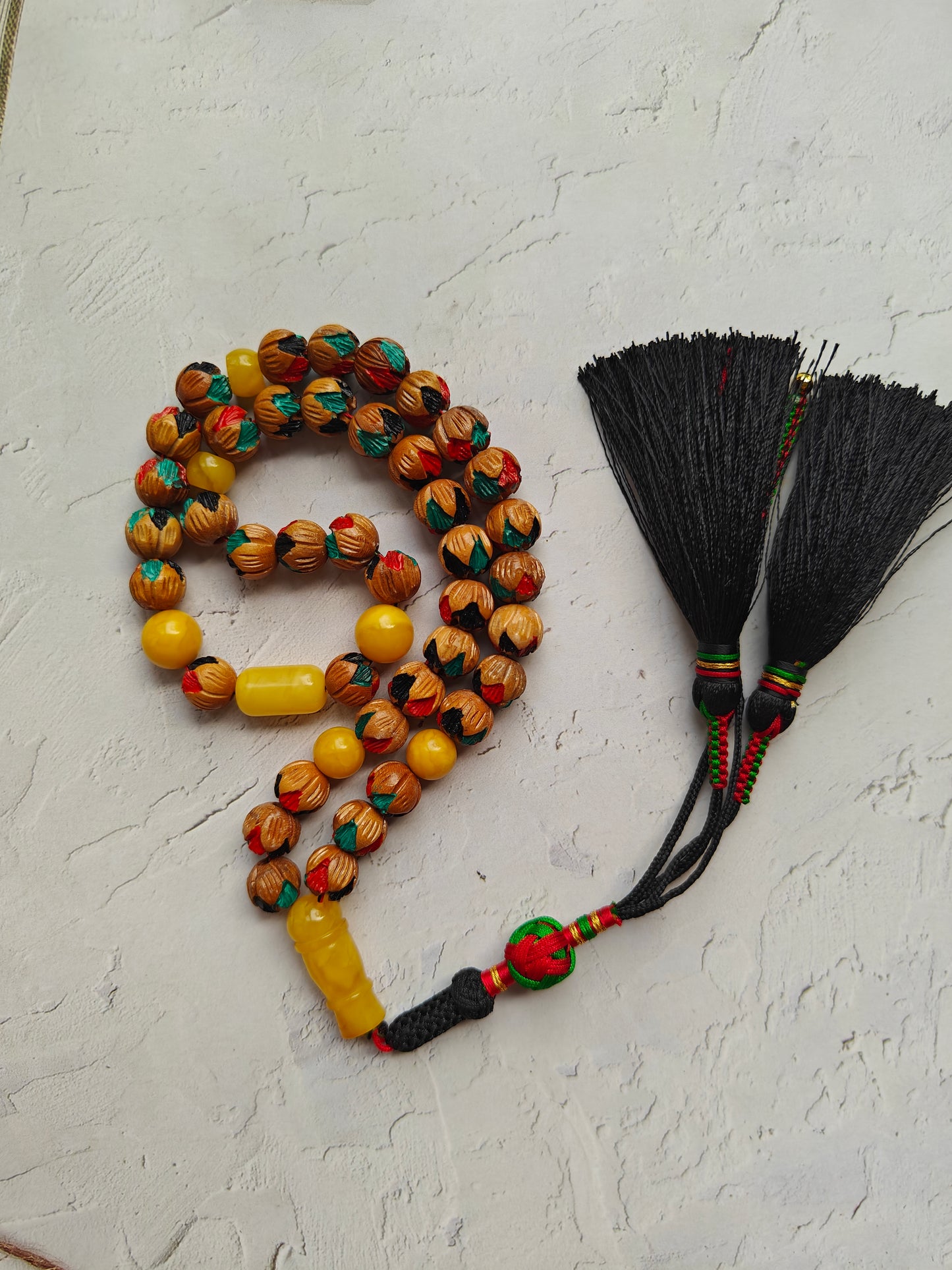 Unique Hand Carved and Hand Painted Peach Wood and Aged Butterscotch Amber Tasbih 45 Beads