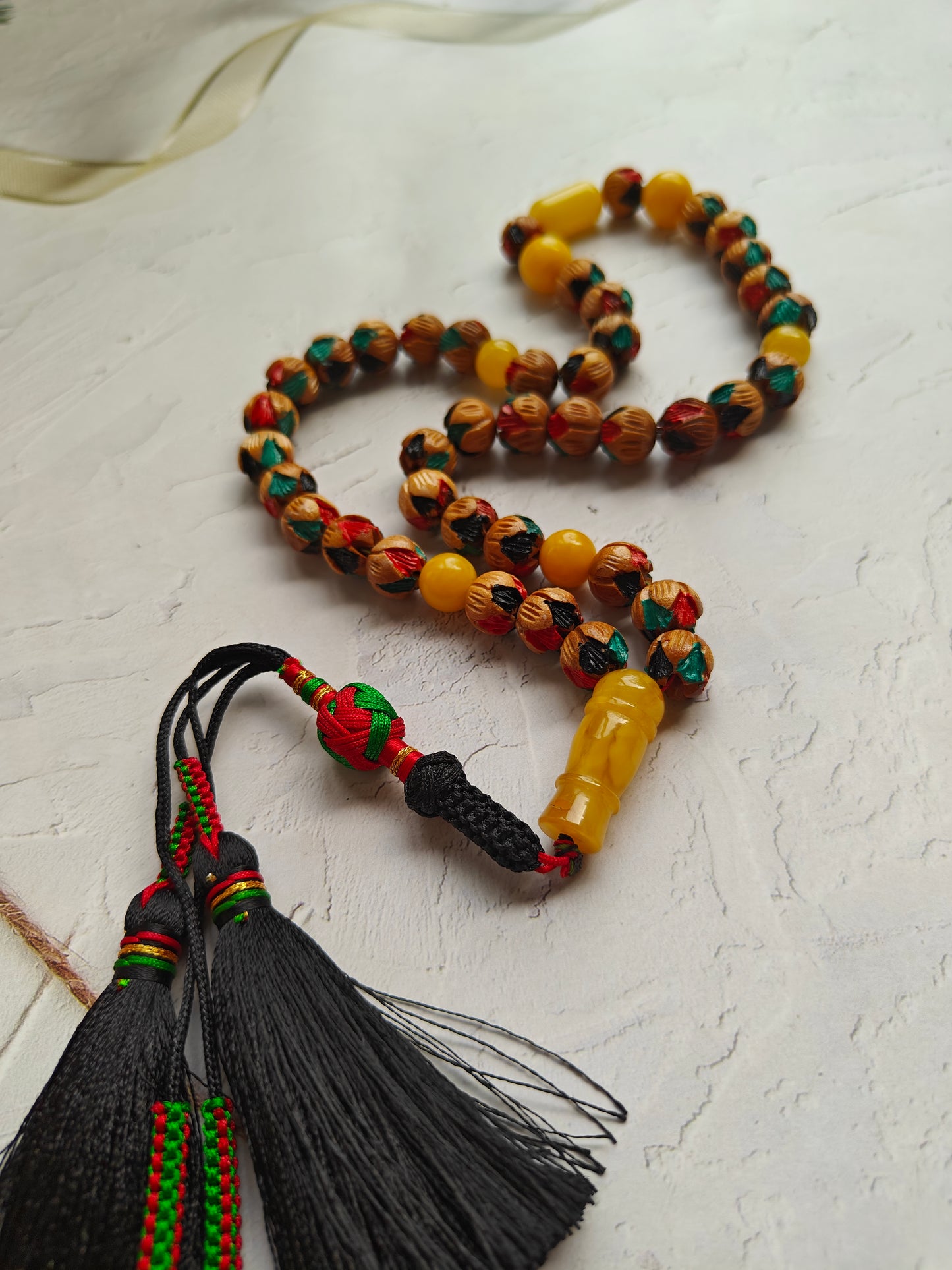 Unique Hand Carved and Hand Painted Peach Wood and Aged Butterscotch Amber Tasbih 45 Beads
