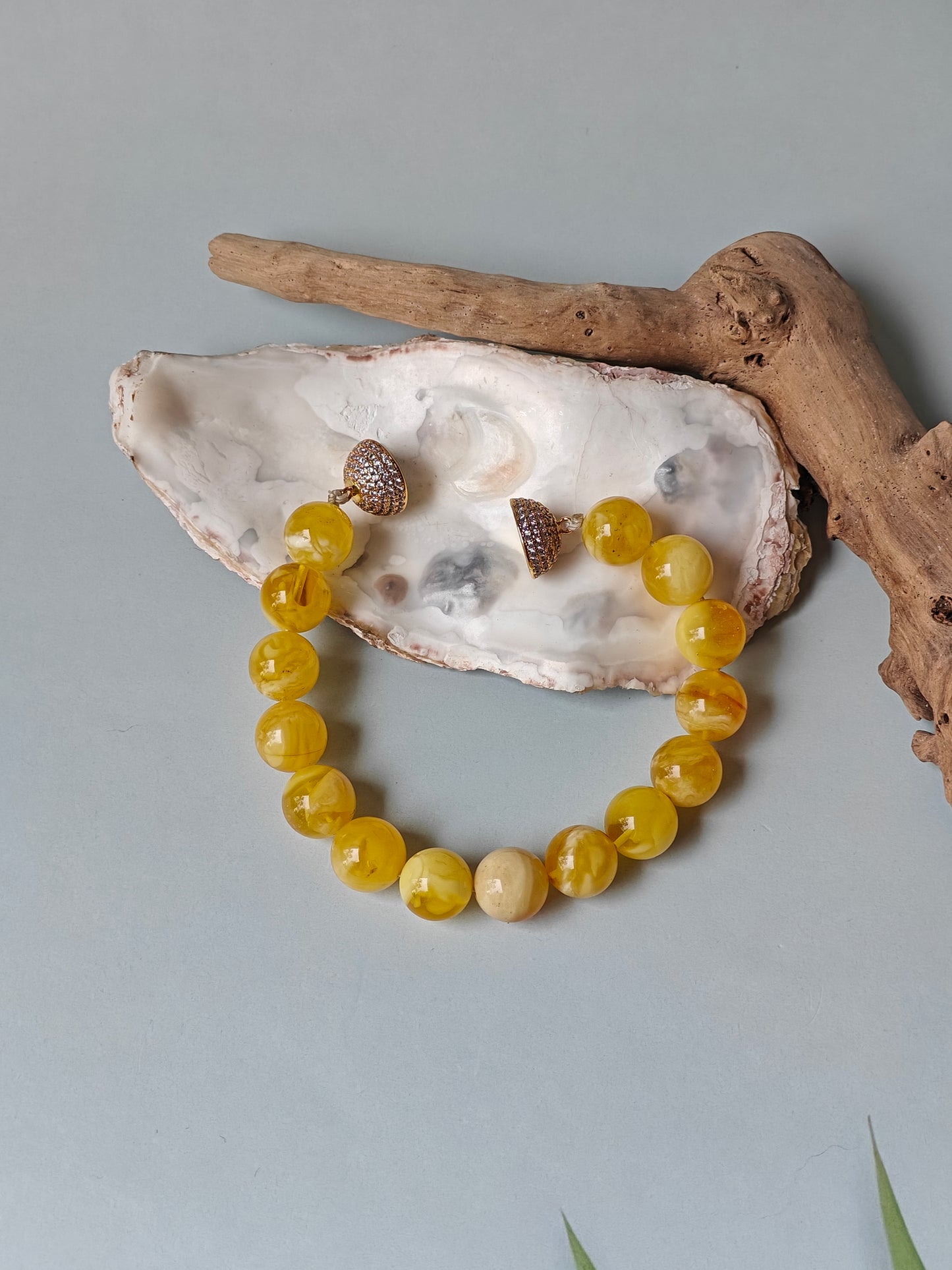 Royal White / Butterscotch Natural Amber Beaded Bracelet with Metal Magnetic Closure