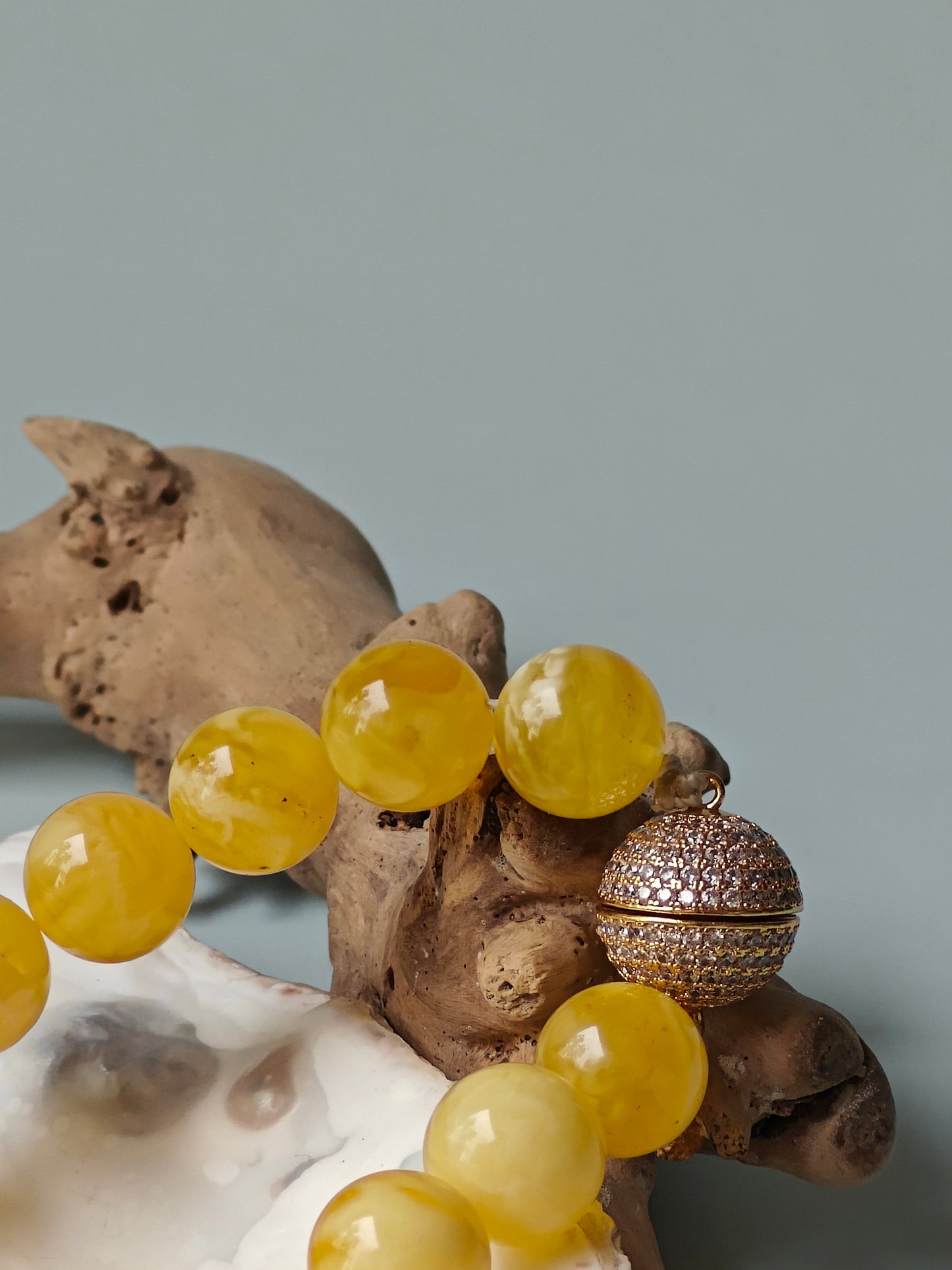 Royal White / Butterscotch Natural Amber Beaded Bracelet with Metal Magnetic Closure