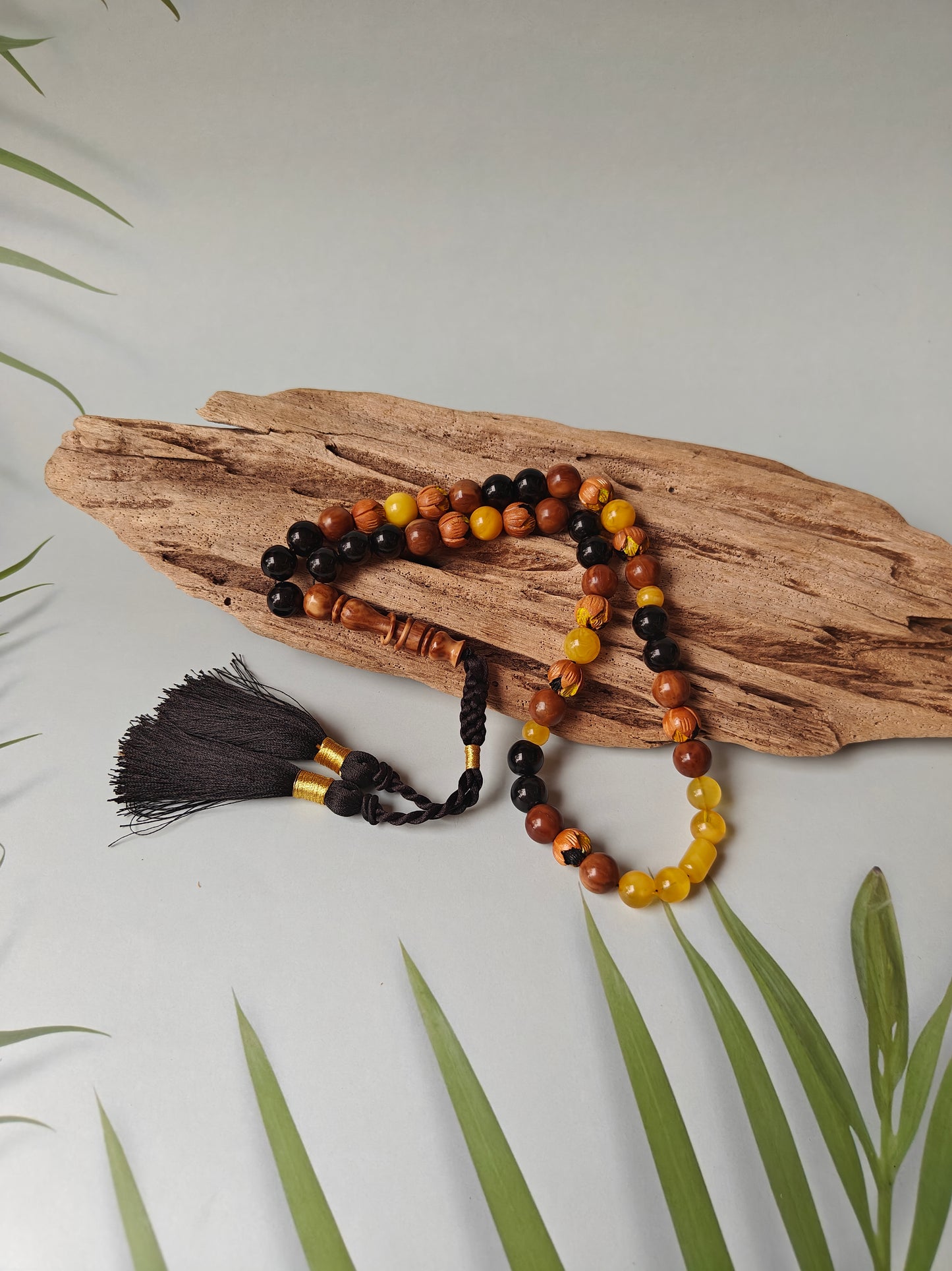 One of a Kind Hand Carved and Hand Painted Peach Wood, Butterscotch and Cloudy Amber, Kokka Wood and Black Onyx Tasbih 45 Beads