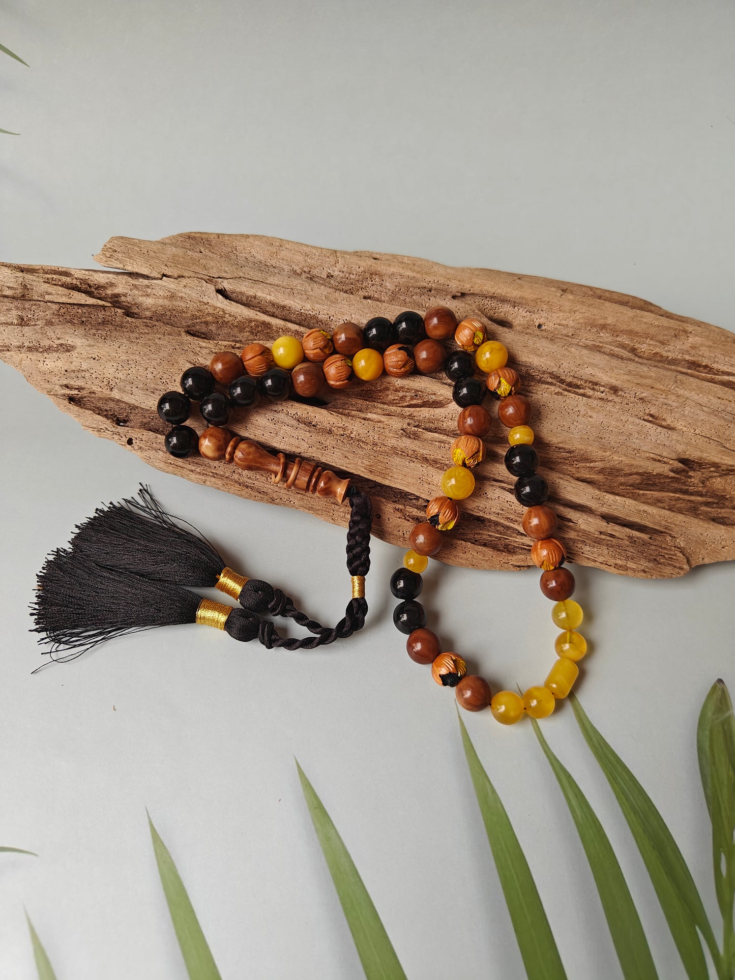 One of a Kind Hand Carved and Hand Painted Peach Wood, Butterscotch and Cloudy Amber, Kokka Wood and Black Onyx Tasbih 45 Beads