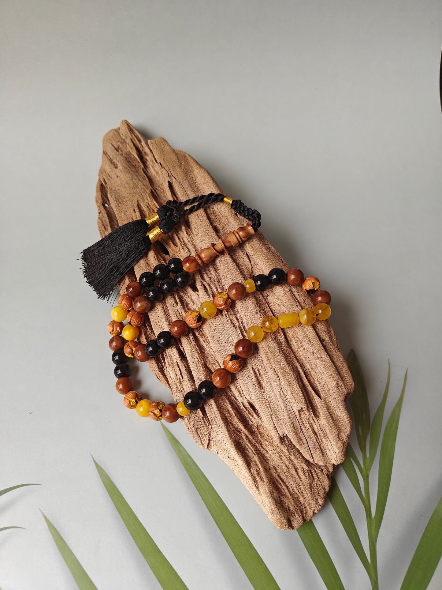 One of a Kind Hand Carved and Hand Painted Peach Wood, Butterscotch and Cloudy Amber, Kokka Wood and Black Onyx Tasbih 45 Beads