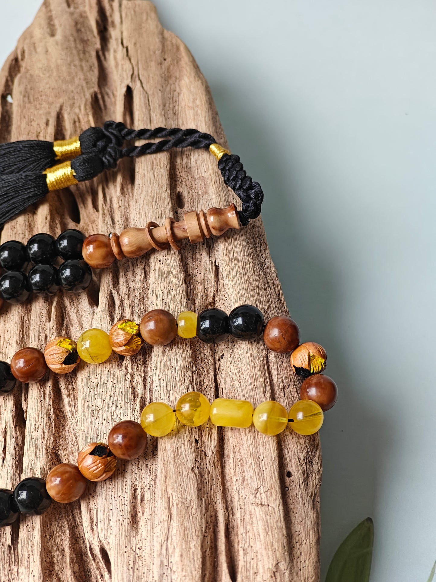 One of a Kind Hand Carved and Hand Painted Peach Wood, Butterscotch and Cloudy Amber, Kokka Wood and Black Onyx Tasbih 45 Beads