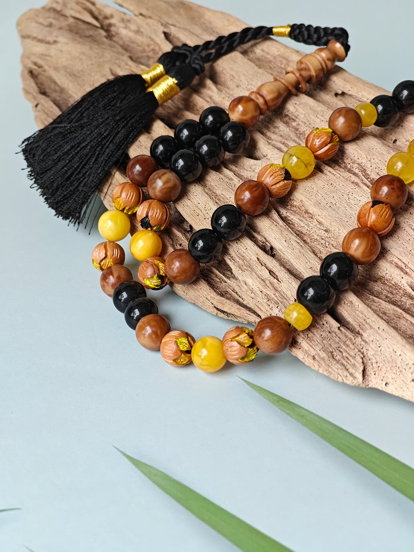 One of a Kind Hand Carved and Hand Painted Peach Wood, Butterscotch and Cloudy Amber, Kokka Wood and Black Onyx Tasbih 45 Beads