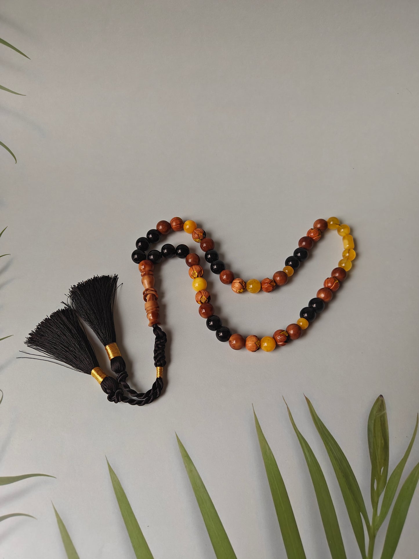 One of a Kind Hand Carved and Hand Painted Peach Wood, Butterscotch and Cloudy Amber, Kokka Wood and Black Onyx Tasbih 45 Beads