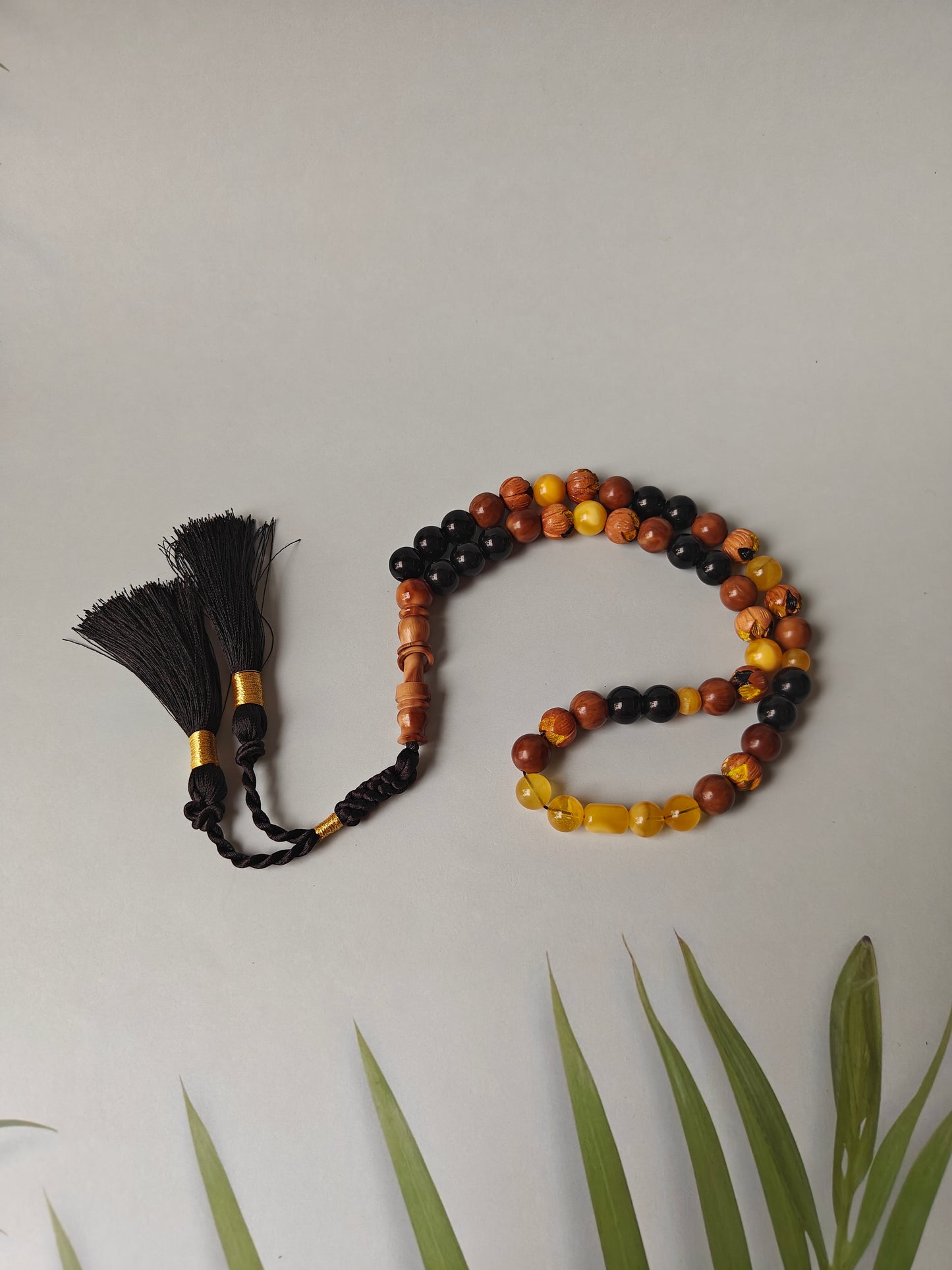 One of a Kind Hand Carved and Hand Painted Peach Wood, Butterscotch and Cloudy Amber, Kokka Wood and Black Onyx Tasbih 45 Beads
