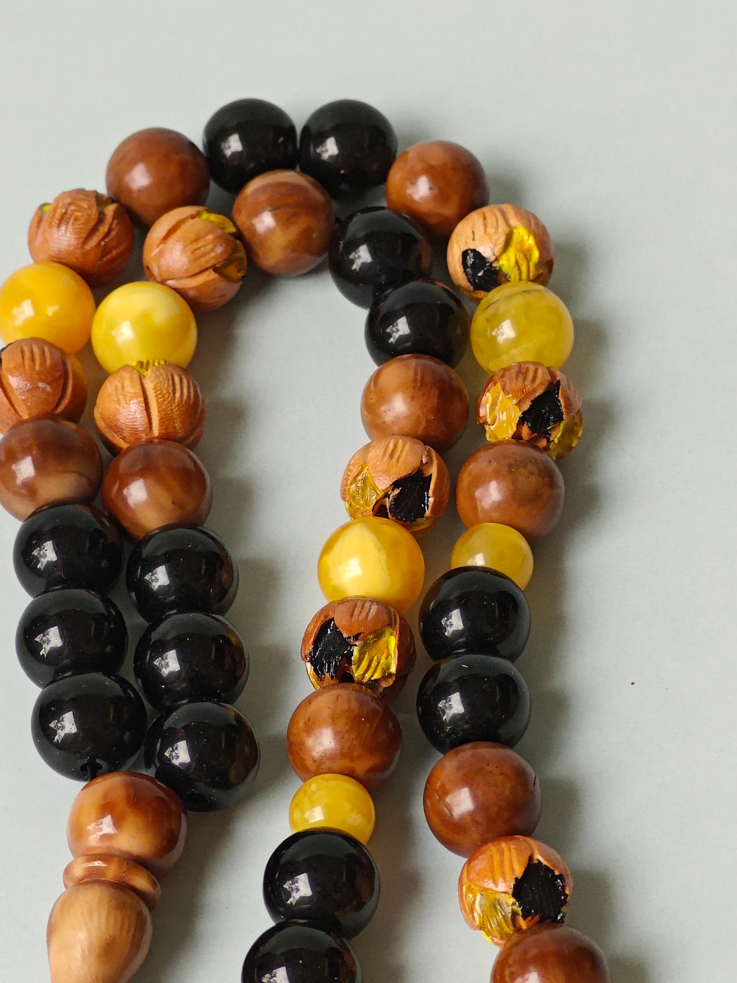 One of a Kind Hand Carved and Hand Painted Peach Wood, Butterscotch and Cloudy Amber, Kokka Wood and Black Onyx Tasbih 45 Beads
