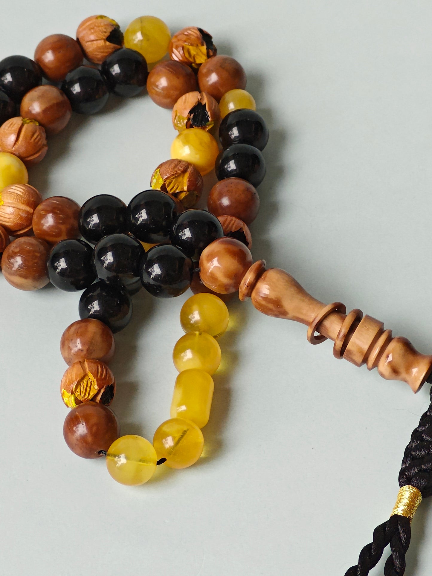 One of a Kind Hand Carved and Hand Painted Peach Wood, Butterscotch and Cloudy Amber, Kokka Wood and Black Onyx Tasbih 45 Beads