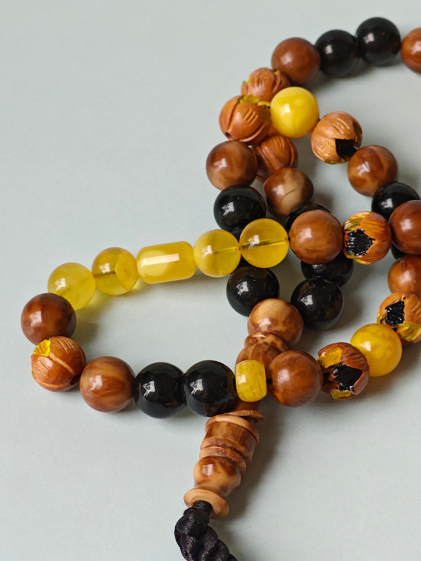 One of a Kind Hand Carved and Hand Painted Peach Wood, Butterscotch and Cloudy Amber, Kokka Wood and Black Onyx Tasbih 45 Beads