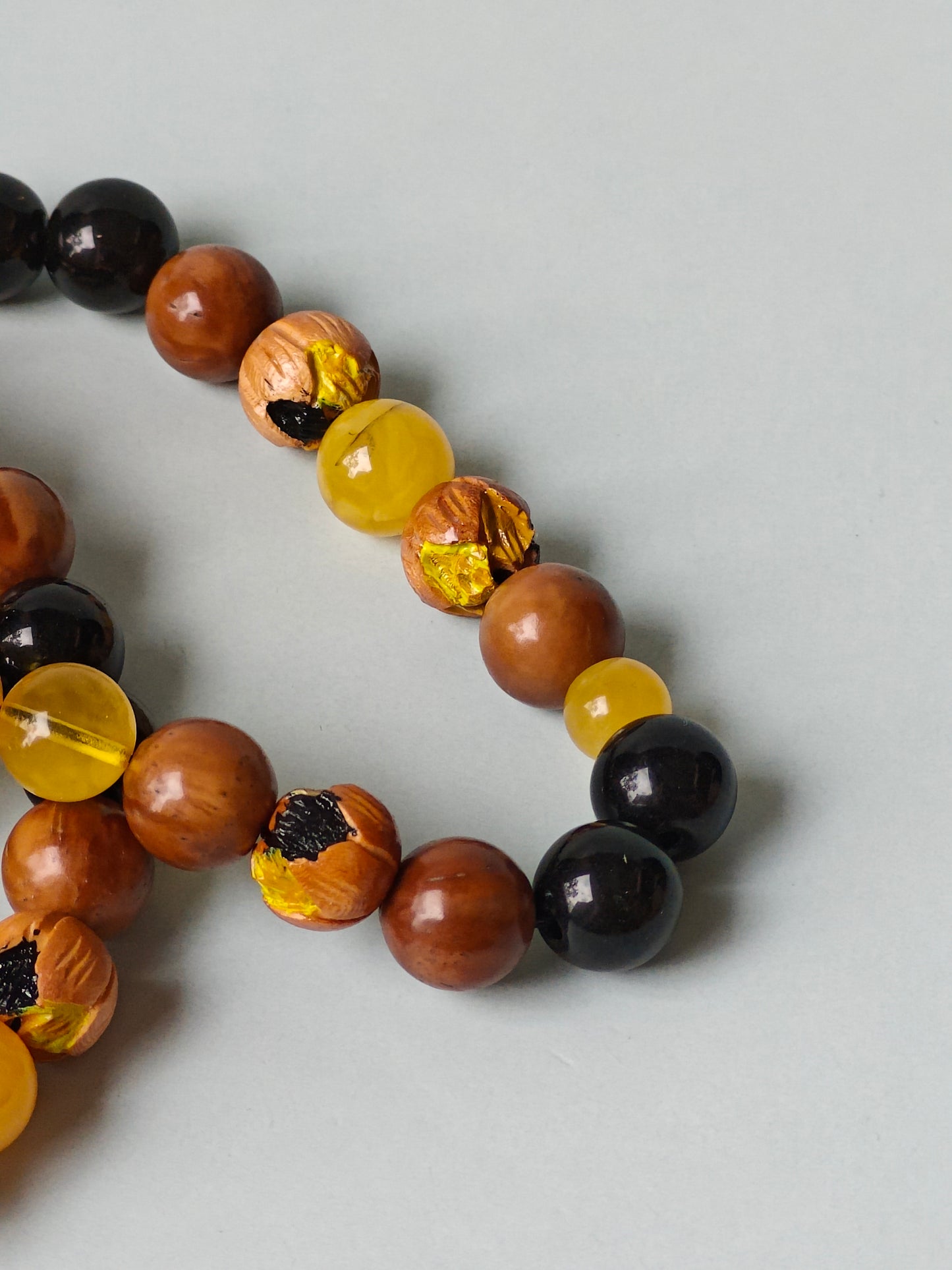 One of a Kind Hand Carved and Hand Painted Peach Wood, Butterscotch and Cloudy Amber, Kokka Wood and Black Onyx Tasbih 45 Beads