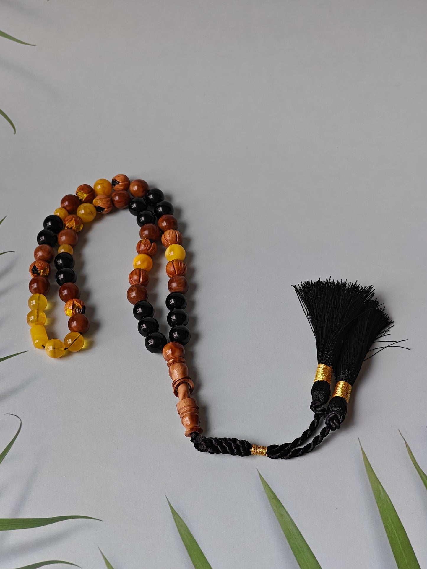 One of a Kind Hand Carved and Hand Painted Peach Wood, Butterscotch and Cloudy Amber, Kokka Wood and Black Onyx Tasbih 45 Beads