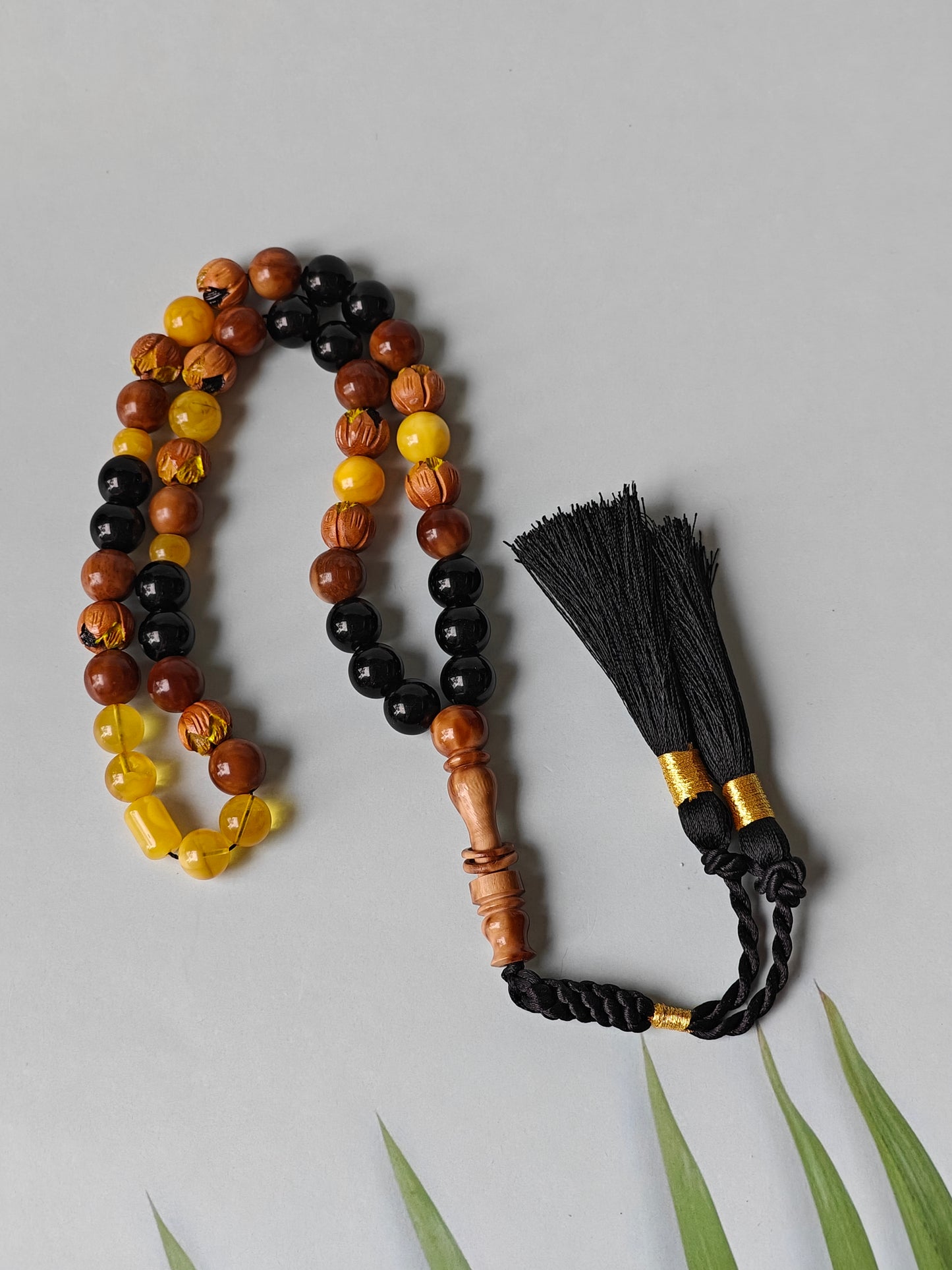 One of a Kind Hand Carved and Hand Painted Peach Wood, Butterscotch and Cloudy Amber, Kokka Wood and Black Onyx Tasbih 45 Beads