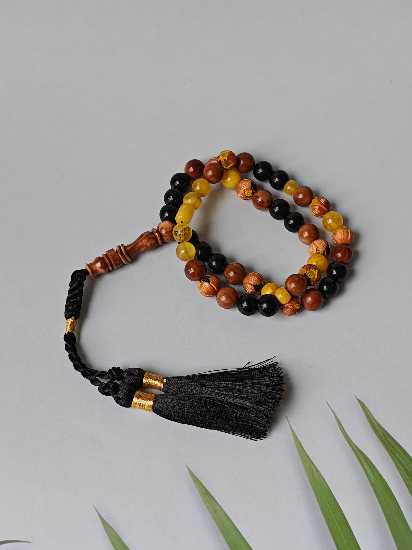 One of a Kind Hand Carved and Hand Painted Peach Wood, Butterscotch and Cloudy Amber, Kokka Wood and Black Onyx Tasbih 45 Beads