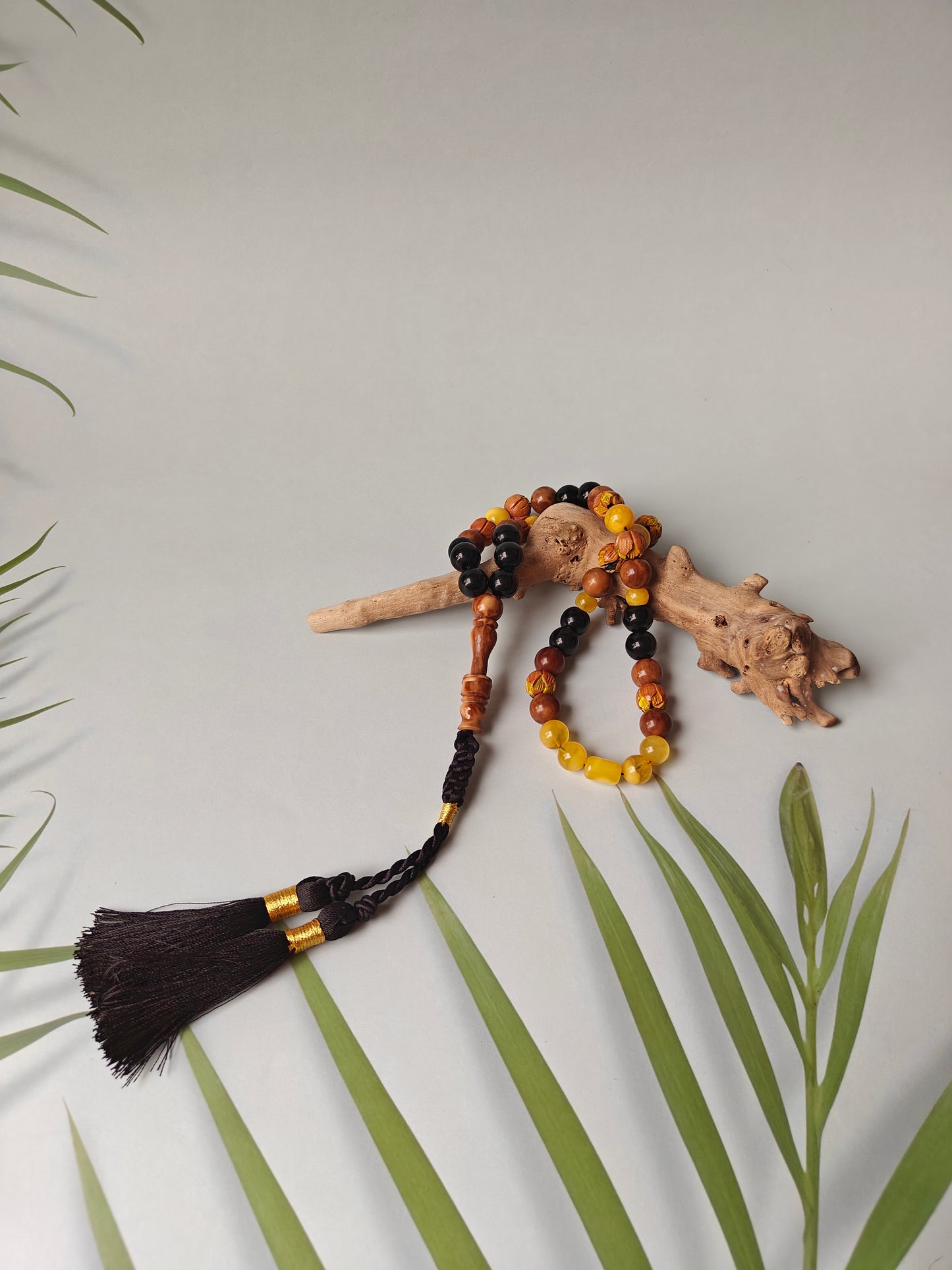 One of a Kind Hand Carved and Hand Painted Peach Wood, Butterscotch and Cloudy Amber, Kokka Wood and Black Onyx Tasbih 45 Beads