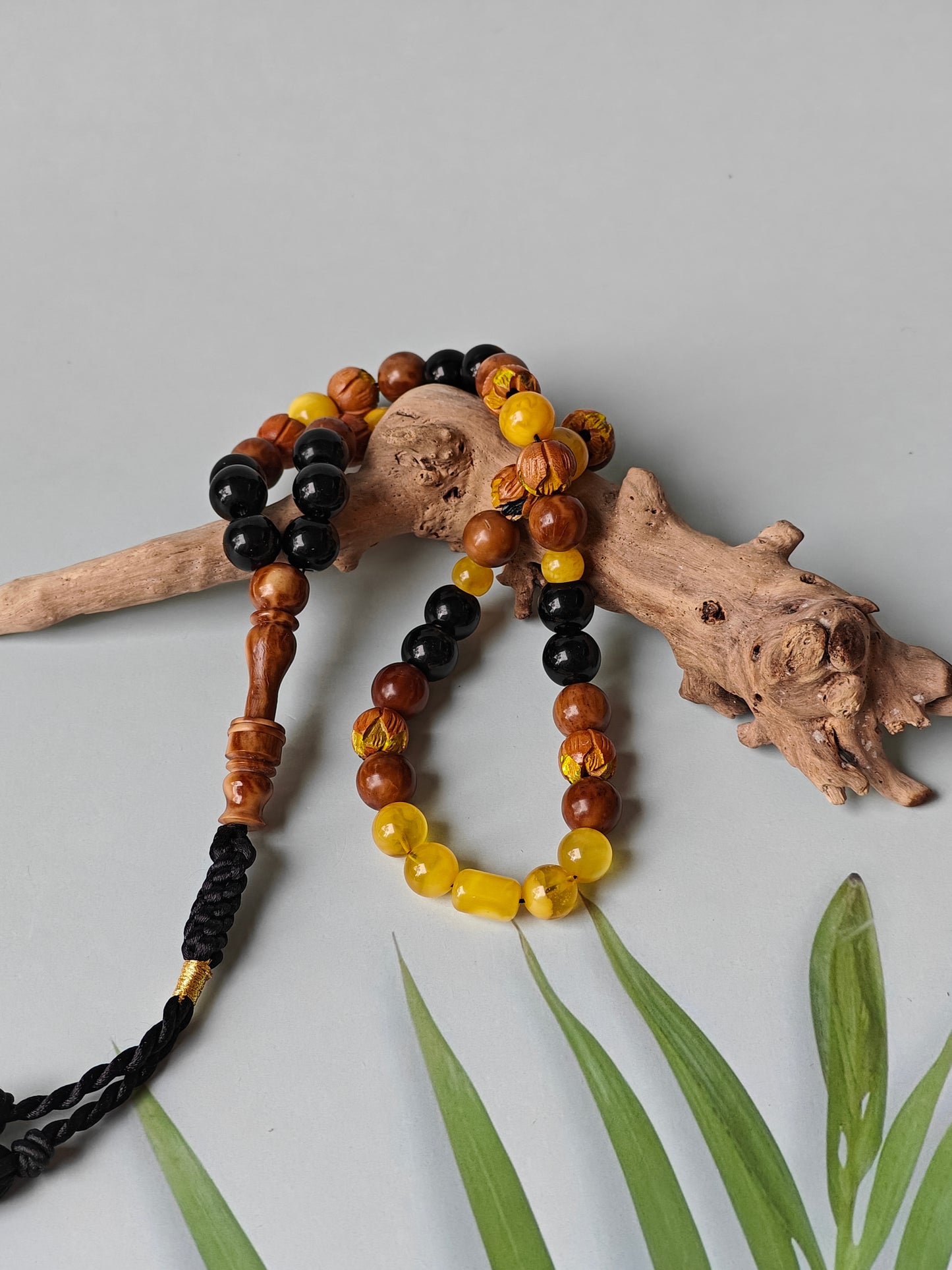 One of a Kind Hand Carved and Hand Painted Peach Wood, Butterscotch and Cloudy Amber, Kokka Wood and Black Onyx Tasbih 45 Beads
