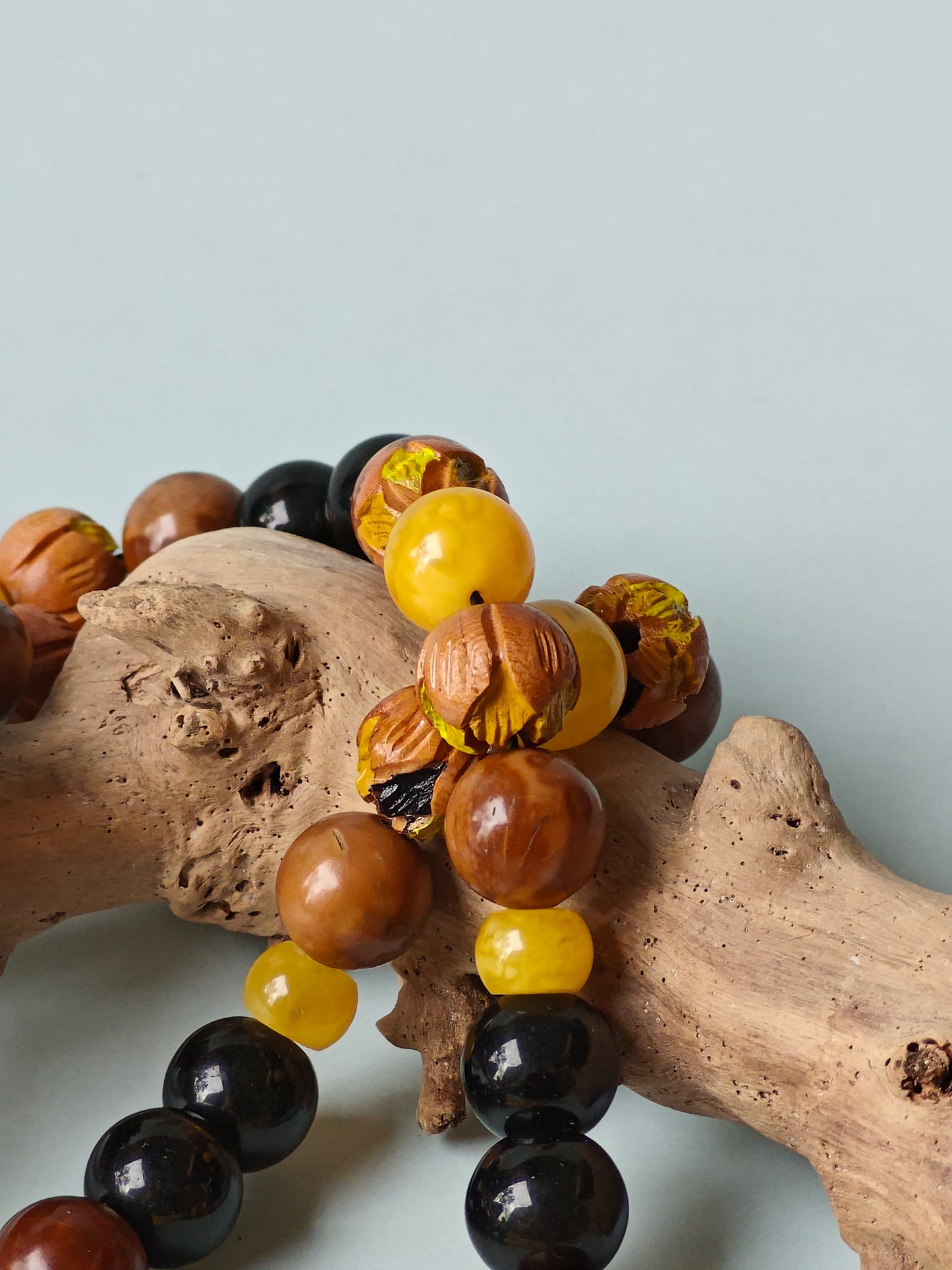 One of a Kind Hand Carved and Hand Painted Peach Wood, Butterscotch and Cloudy Amber, Kokka Wood and Black Onyx Tasbih 45 Beads