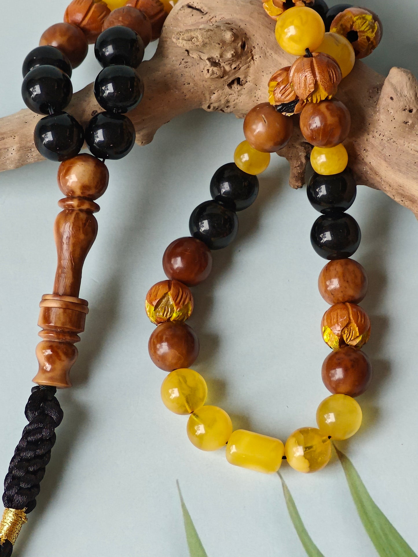 One of a Kind Hand Carved and Hand Painted Peach Wood, Butterscotch and Cloudy Amber, Kokka Wood and Black Onyx Tasbih 45 Beads
