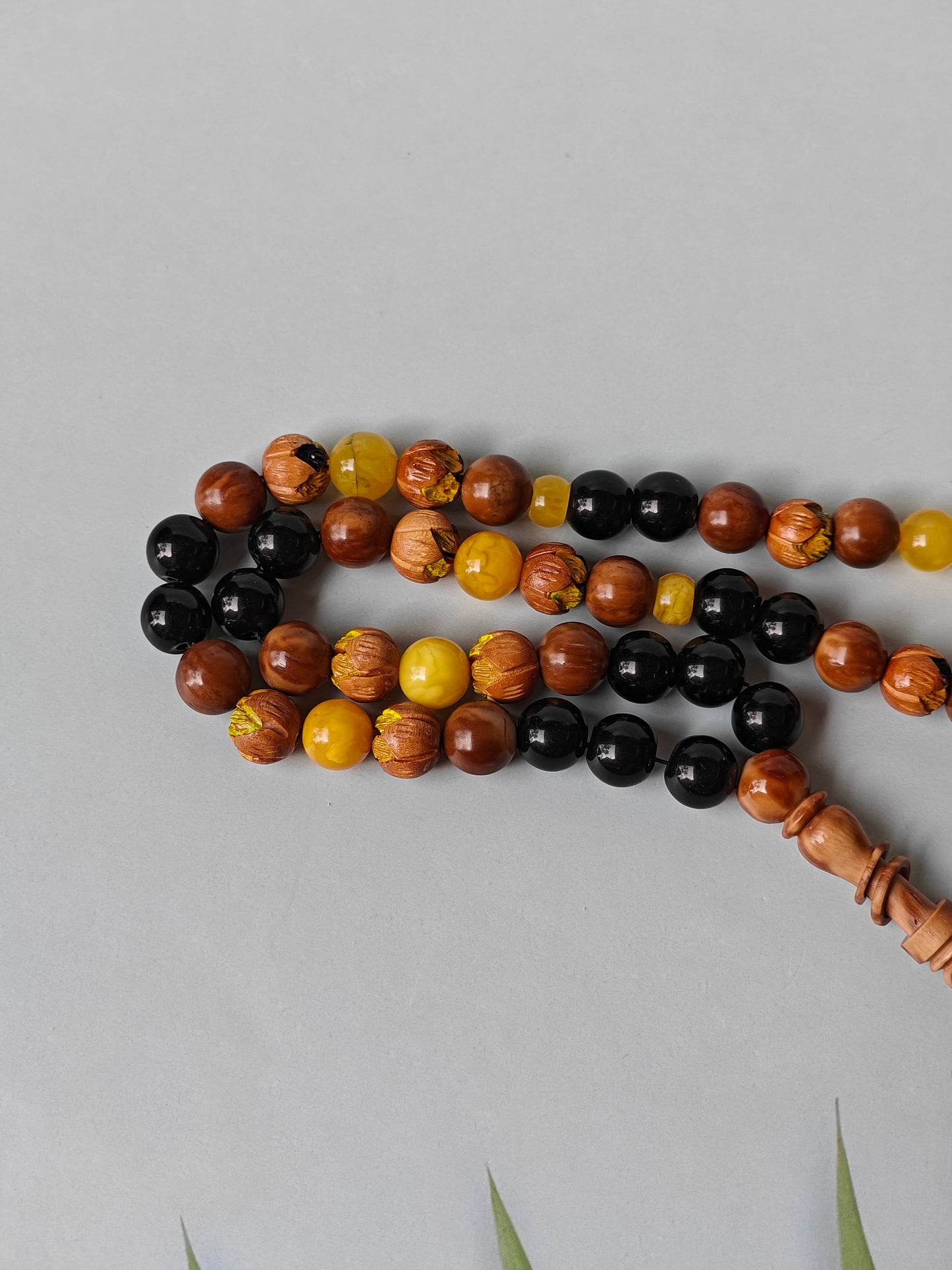 One of a Kind Hand Carved and Hand Painted Peach Wood, Butterscotch and Cloudy Amber, Kokka Wood and Black Onyx Tasbih 45 Beads
