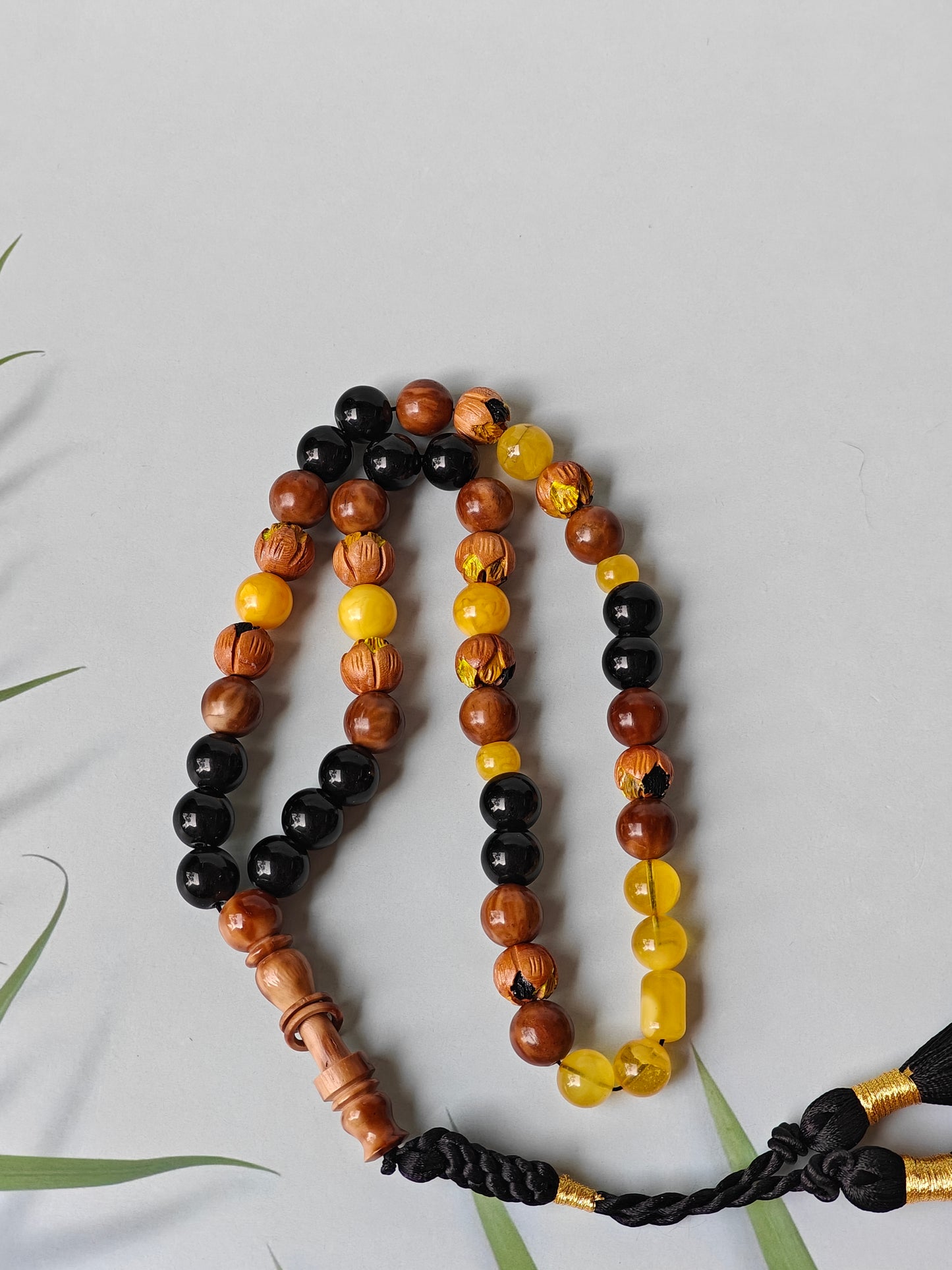 One of a Kind Hand Carved and Hand Painted Peach Wood, Butterscotch and Cloudy Amber, Kokka Wood and Black Onyx Tasbih 45 Beads