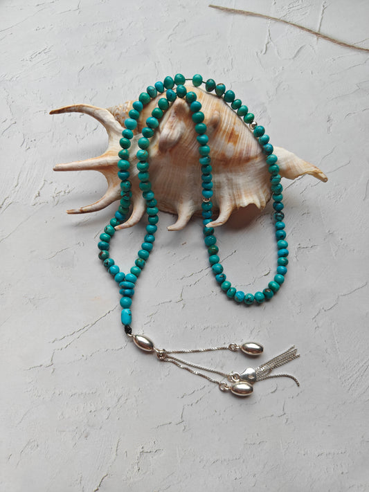 Persian Turquoise Irregular Rosary 99 Beads with Silver Tassel