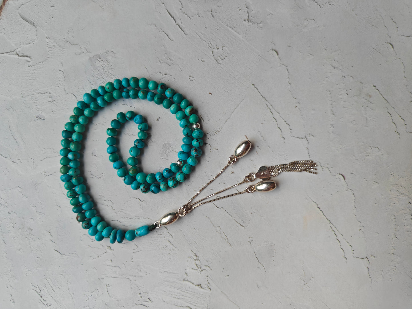 Persian Turquoise Irregular Rosary 99 Beads with Silver Tassel