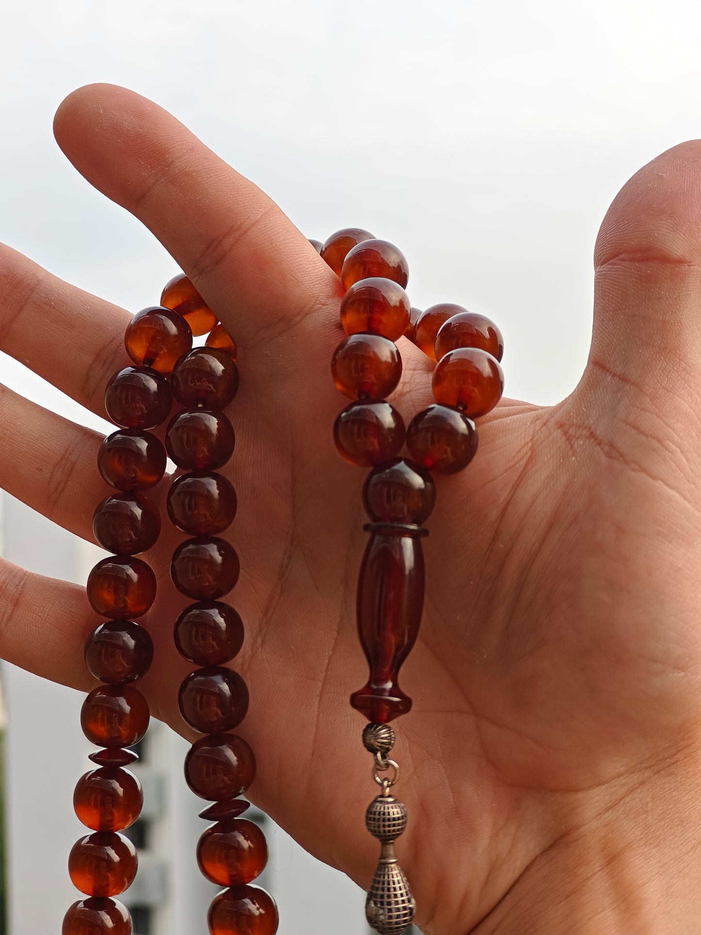 Transparent Brown Antique Glitter Bakelite Misbah with Silver Tassel 47 Beads