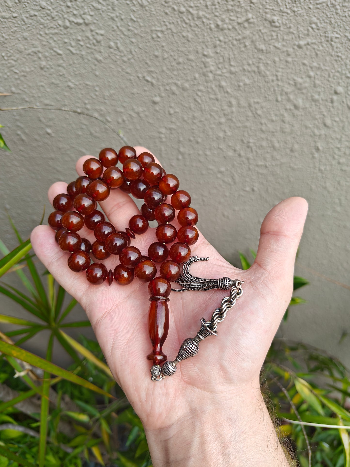 Transparent Brown Antique Glitter Bakelite Misbah with Silver Tassel 47 Beads