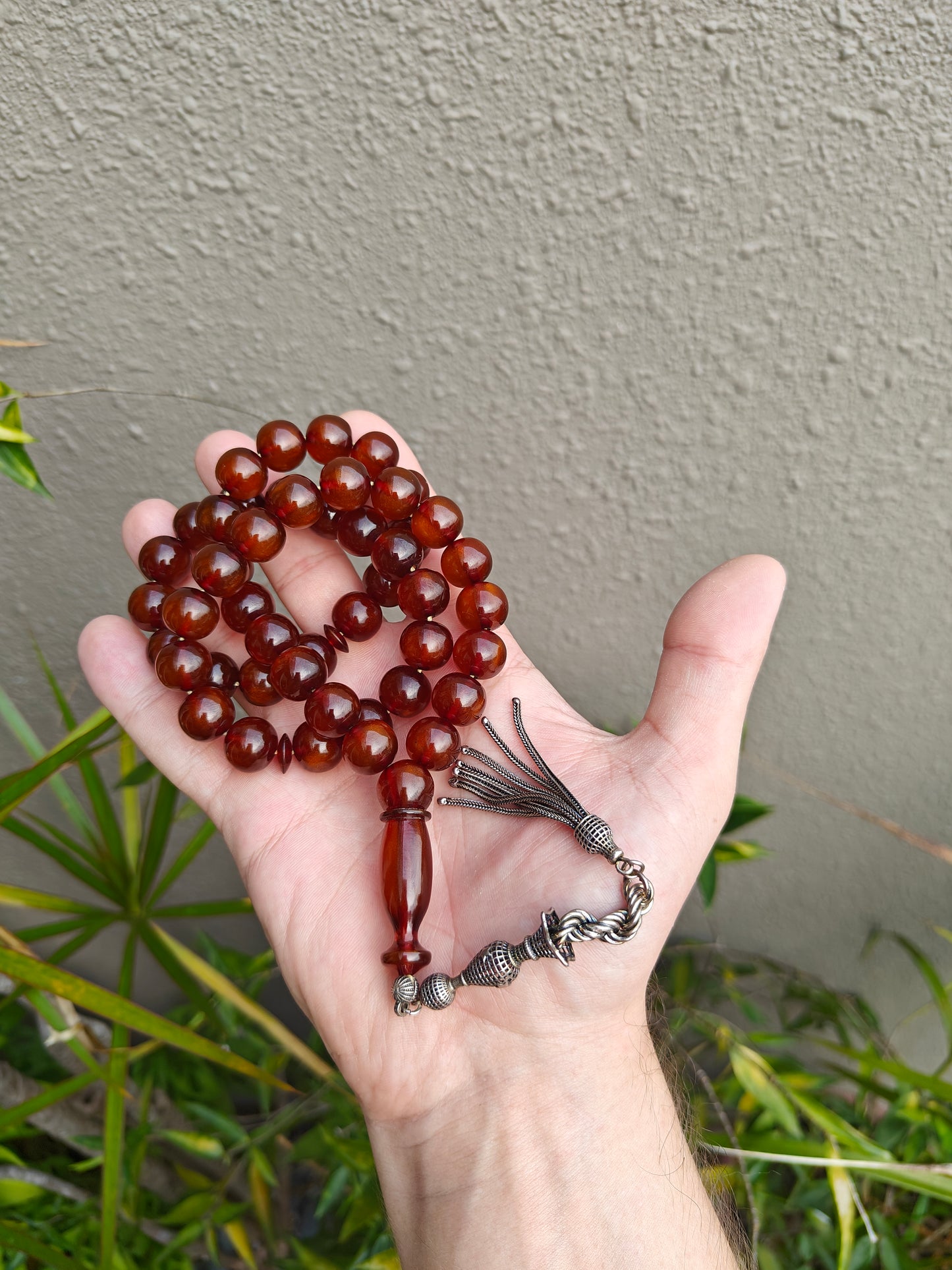 Transparent Brown Antique Glitter Bakelite Misbah with Silver Tassel 47 Beads