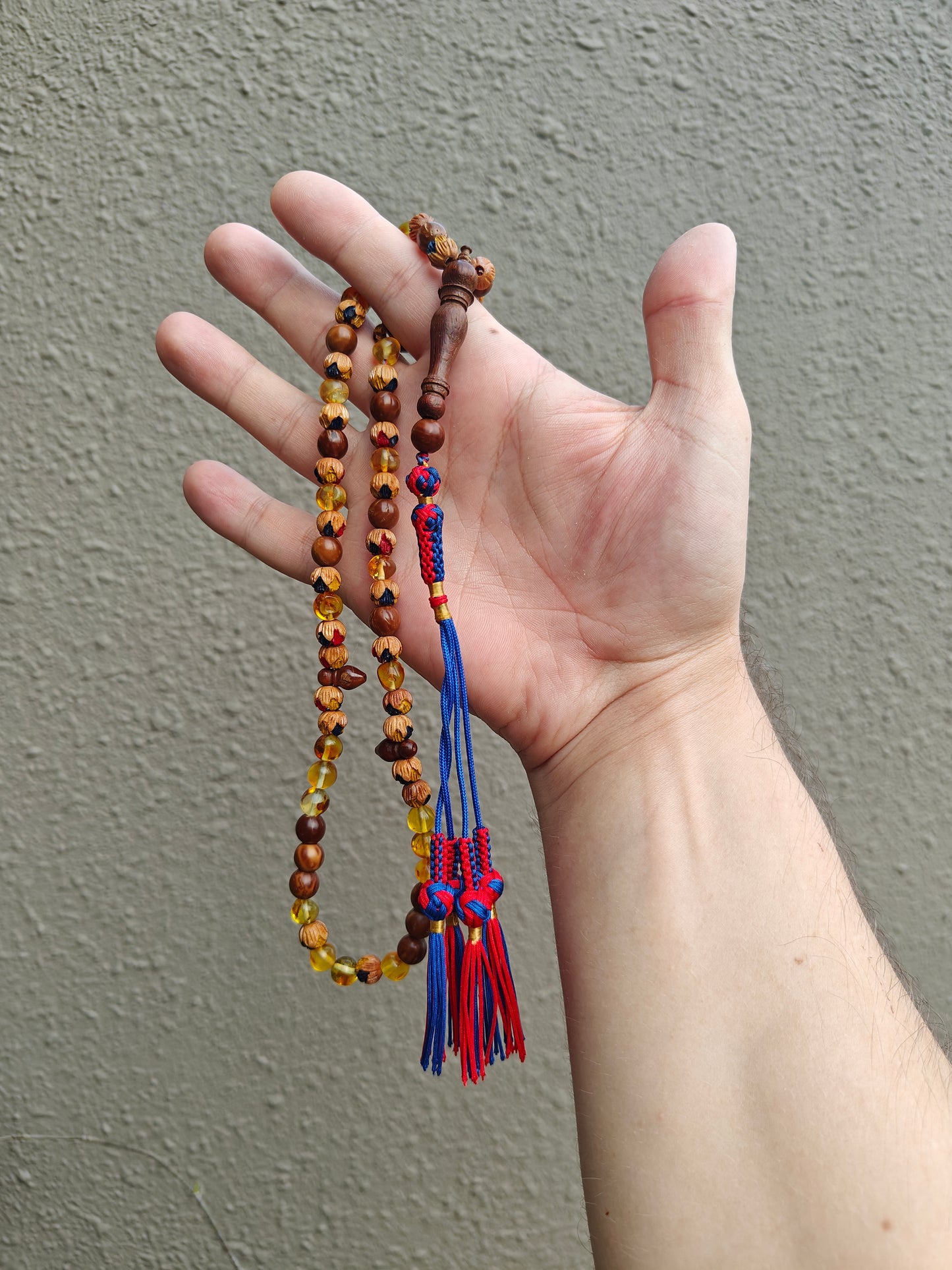Pocket Size Carved and Painted Peach with Kokka Wood and Citron Amber Misbaha 66 Beads
