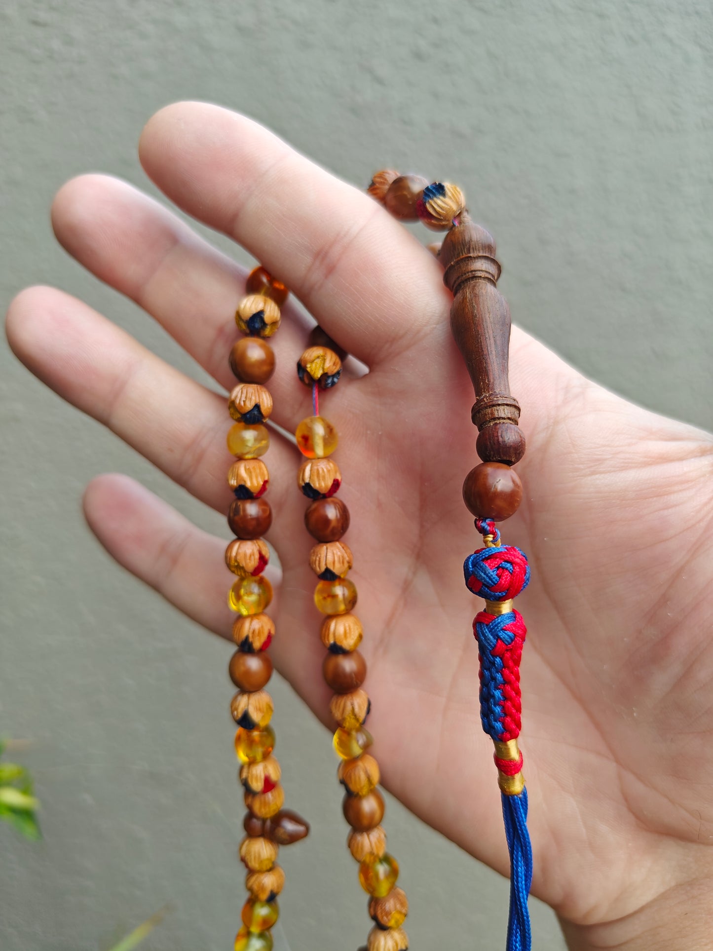 Pocket Size Carved and Painted Peach with Kokka Wood and Citron Amber Misbaha 66 Beads