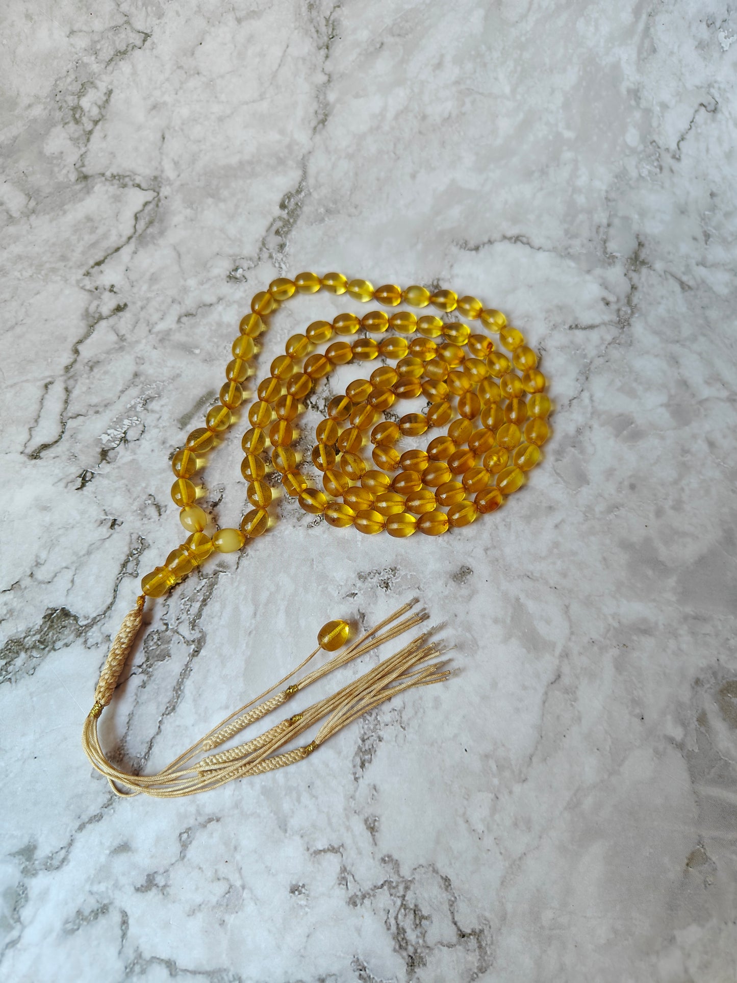 Natural Green Caribbean Amber Tasbih 99 Transparent Olive Shape Beads