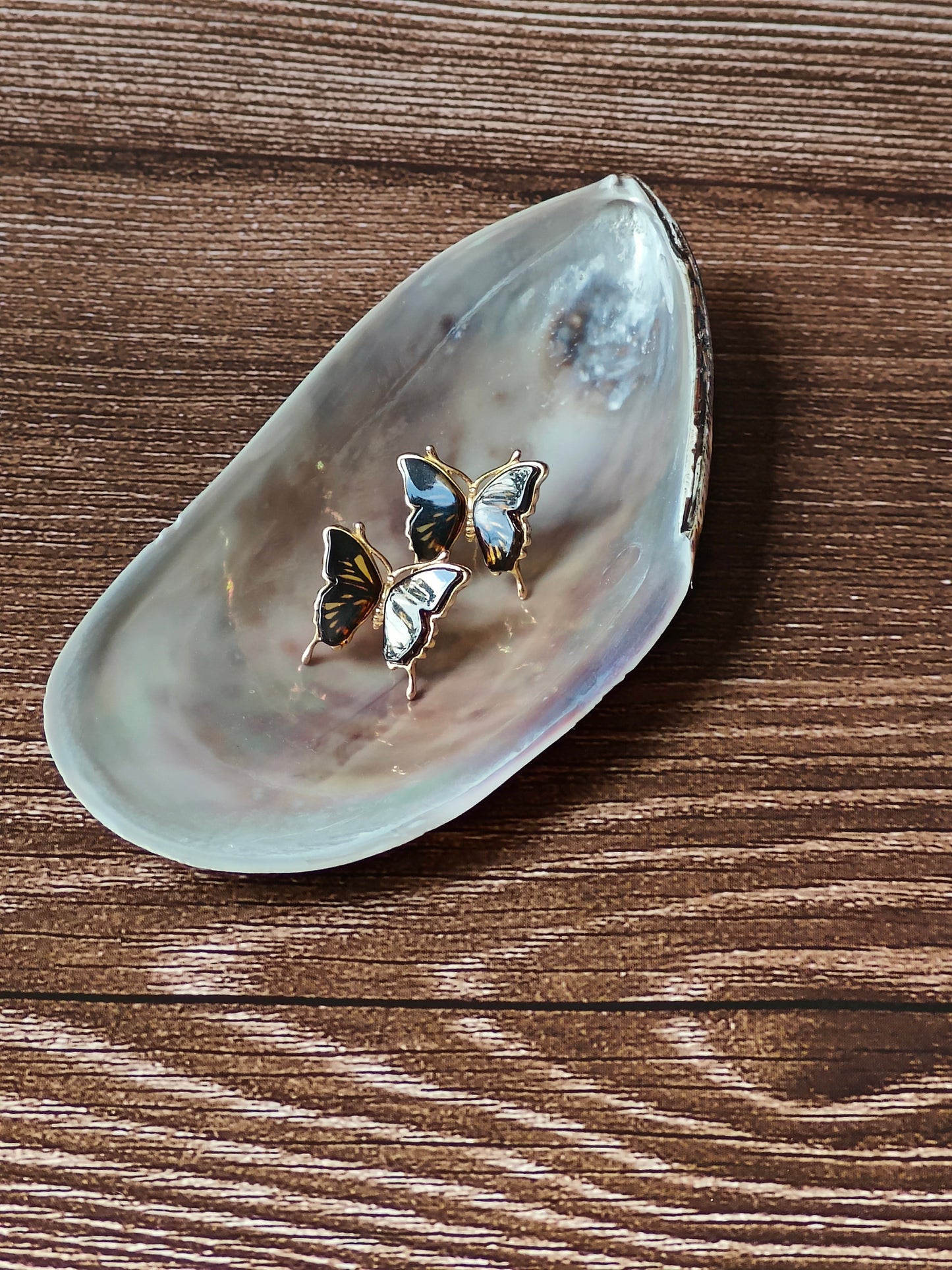 Butterfly Shaped Citron Stud Amber Earrings in Gold Plated Silver Frame