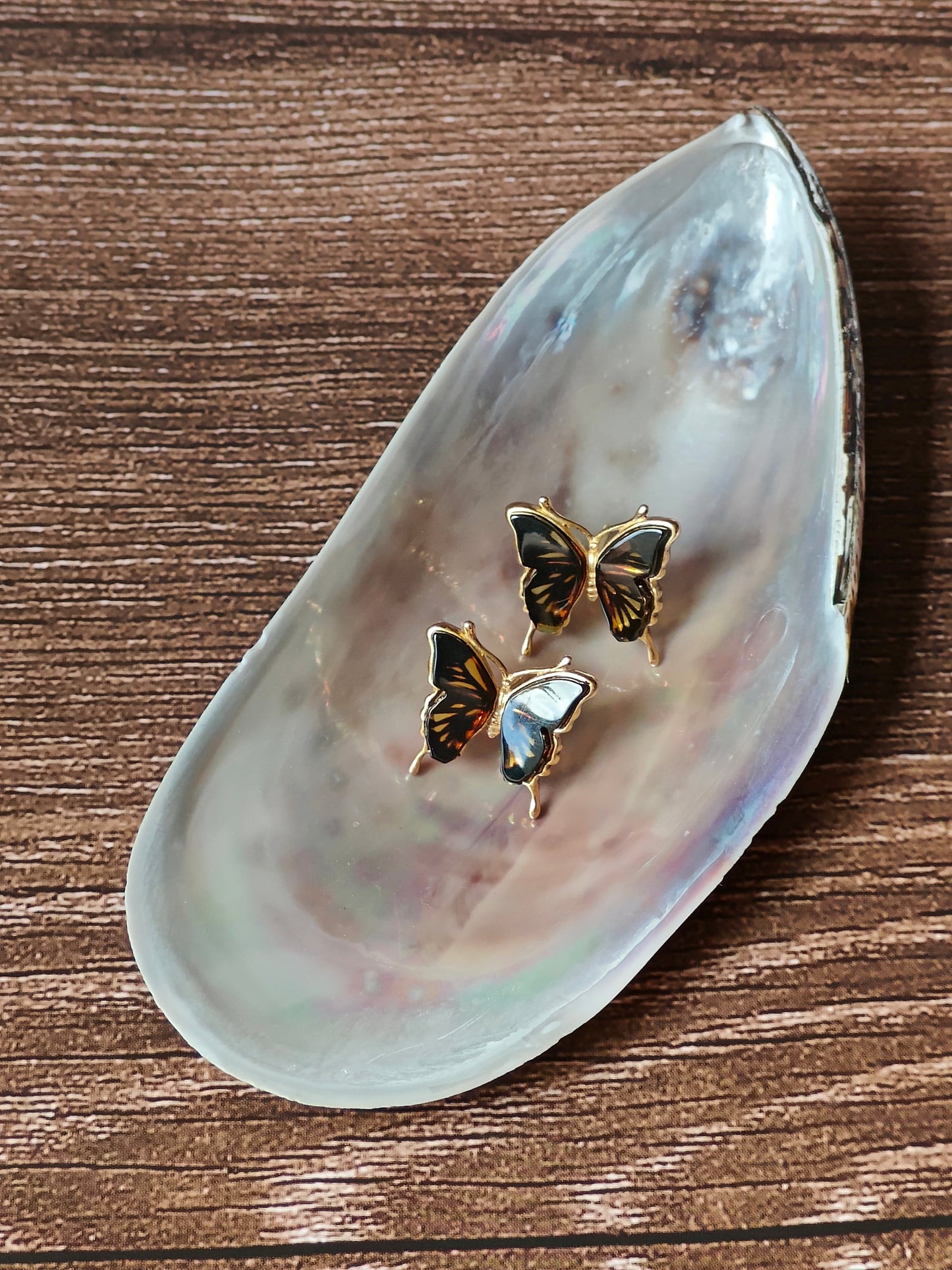 Butterfly Shaped Citron Stud Amber Earrings in Gold Plated Silver Frame
