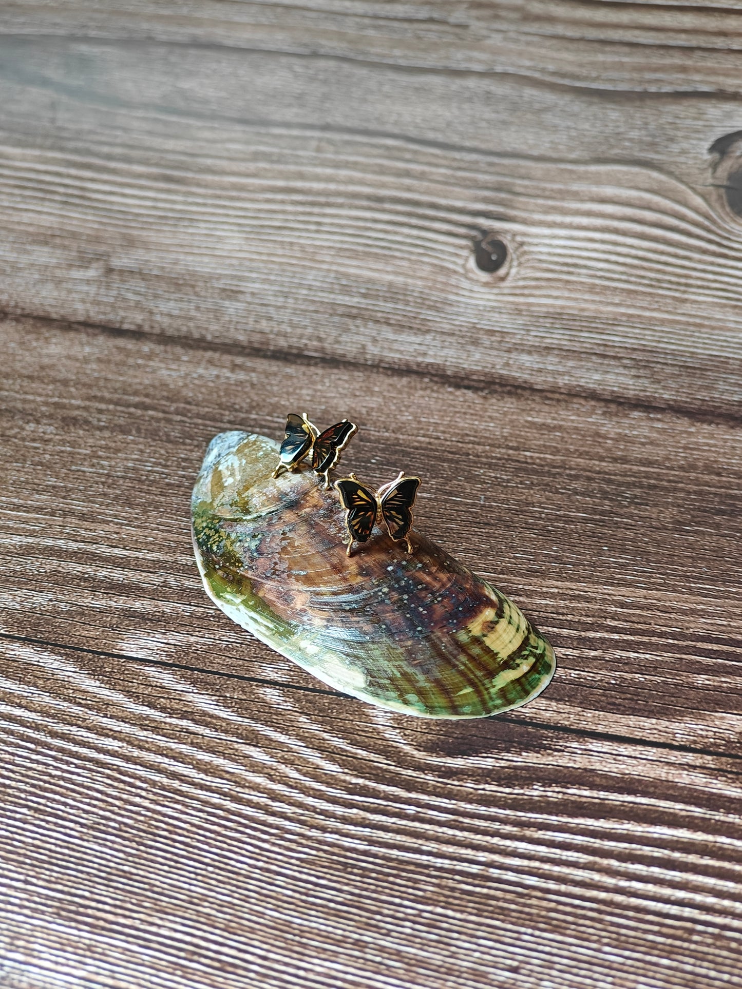 Butterfly Shaped Citron Stud Amber Earrings in Gold Plated Silver Frame