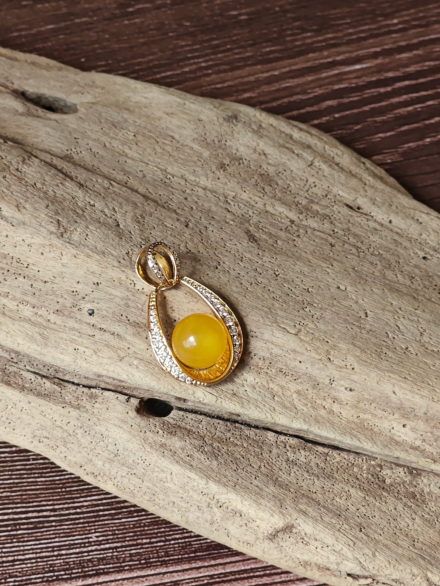 Butterscotch Amber Pendant with Cubic Zirconia in Gold Plated Silver