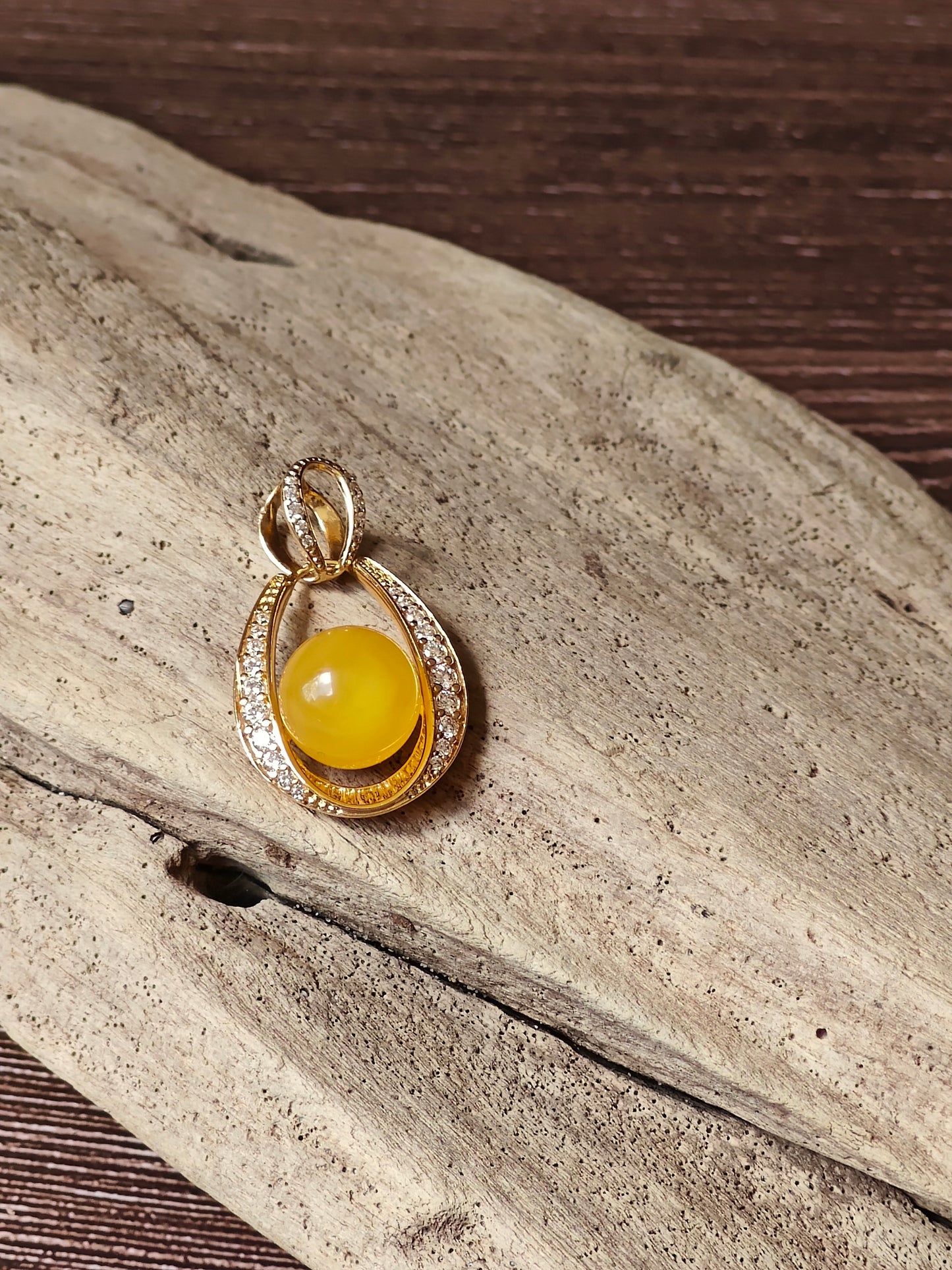 Butterscotch Amber Pendant with Cubic Zirconia in Gold Plated Silver
