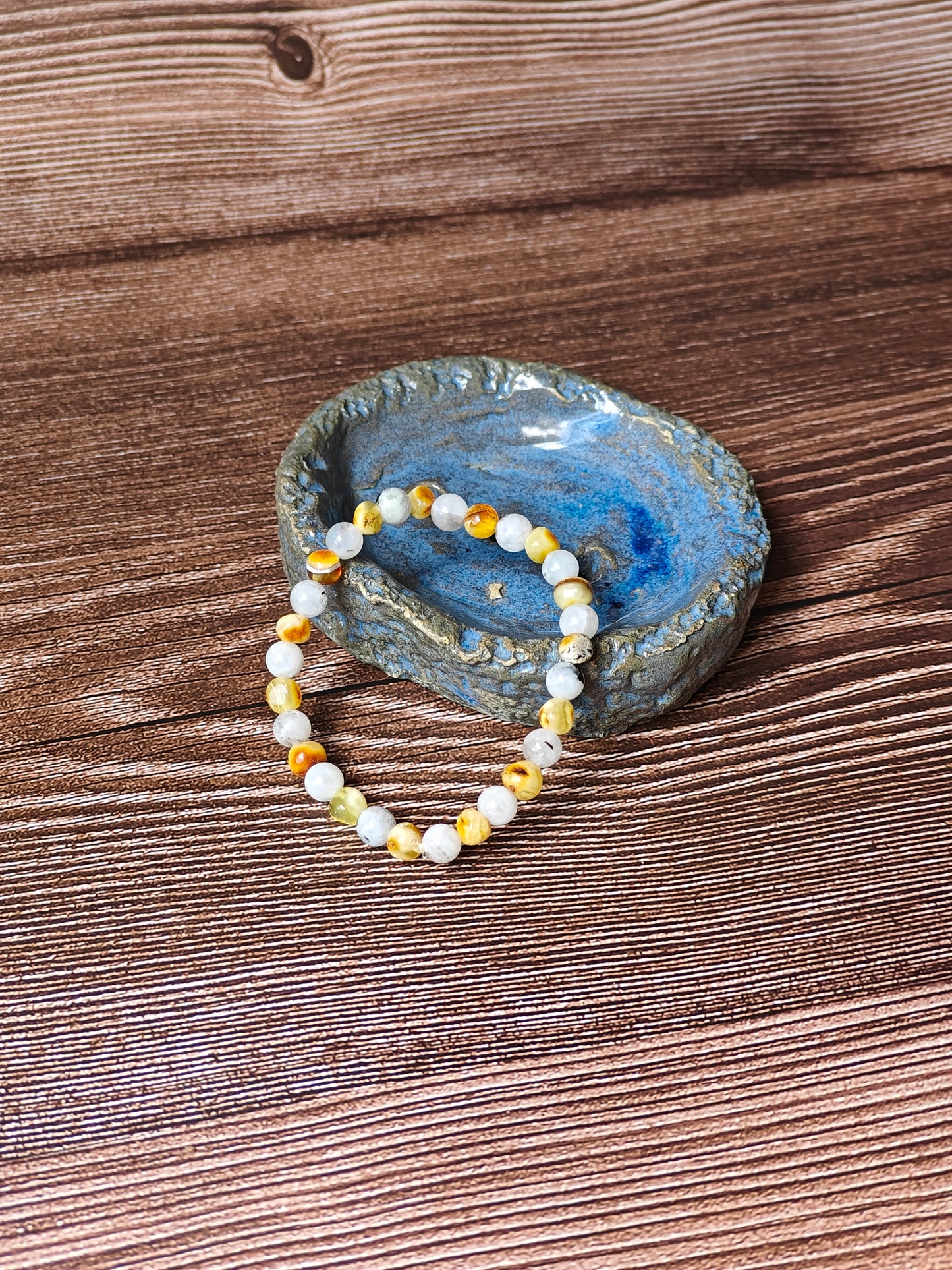 Moonstone and Irregular Multicolor Amber Beaded Bracelet