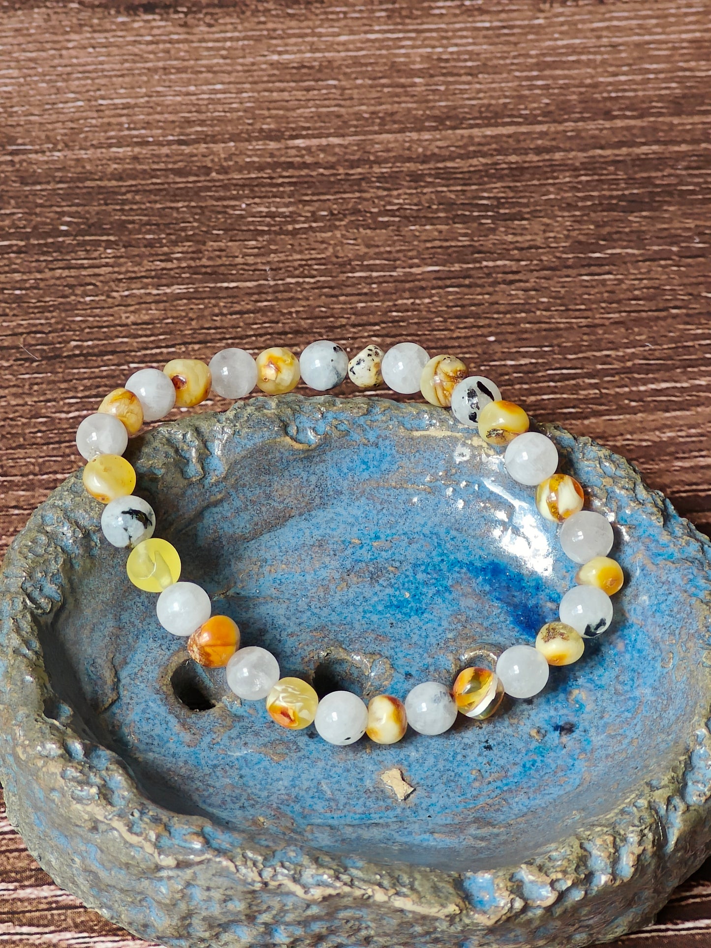 Moonstone and Irregular Multicolor Amber Beaded Bracelet