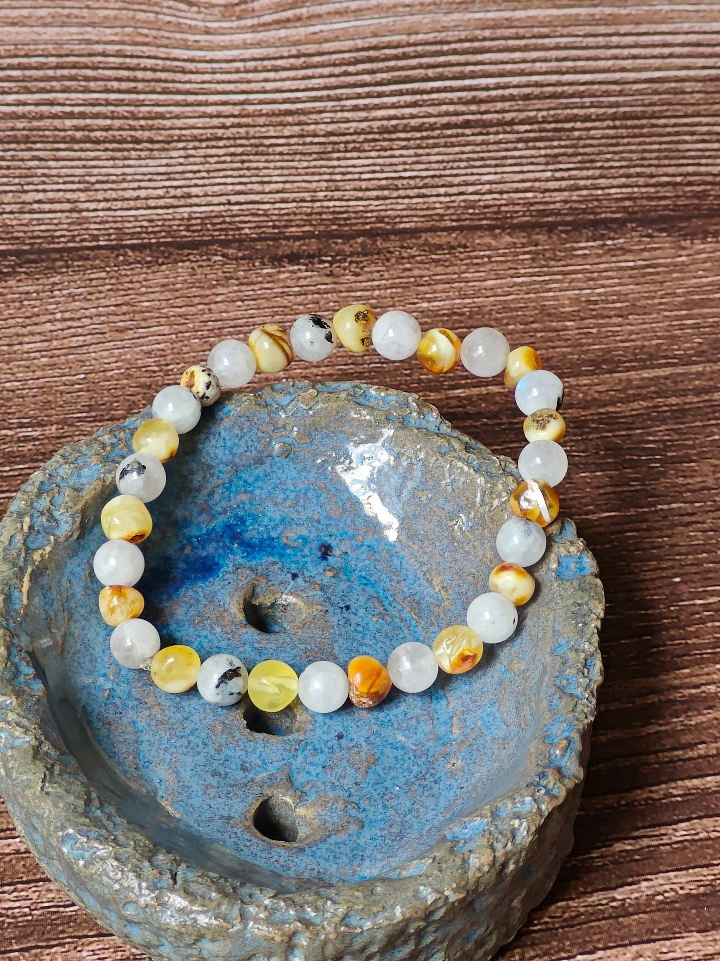 Moonstone and Irregular Multicolor Amber Beaded Bracelet