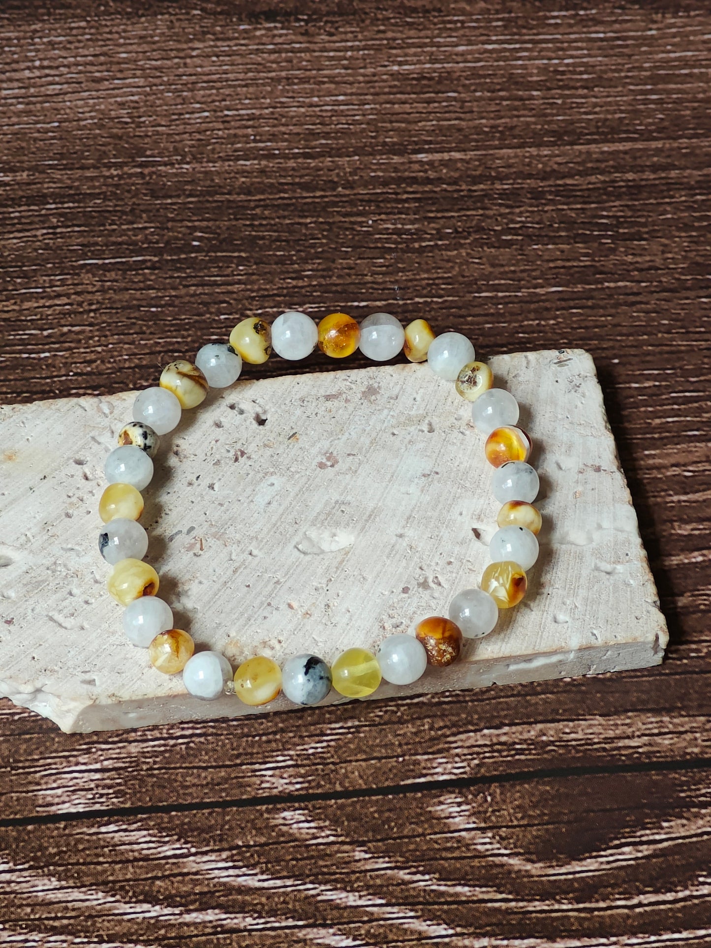 Moonstone and Irregular Multicolor Amber Beaded Bracelet