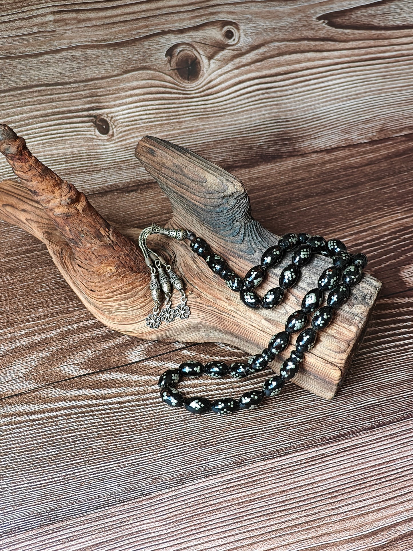 Antique Black Coral Rosary with Silver Engravings and Tassel 33 Beads