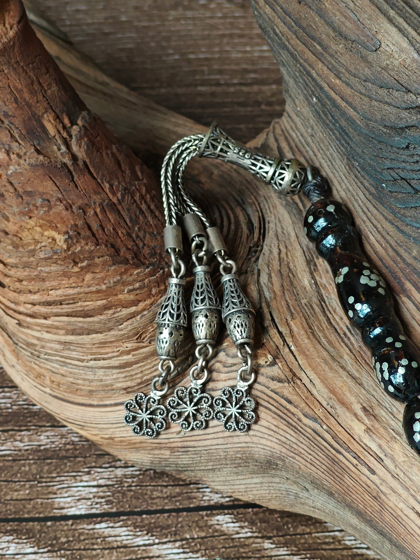 Antique Black Coral Rosary with Silver Engravings and Tassel 33 Beads