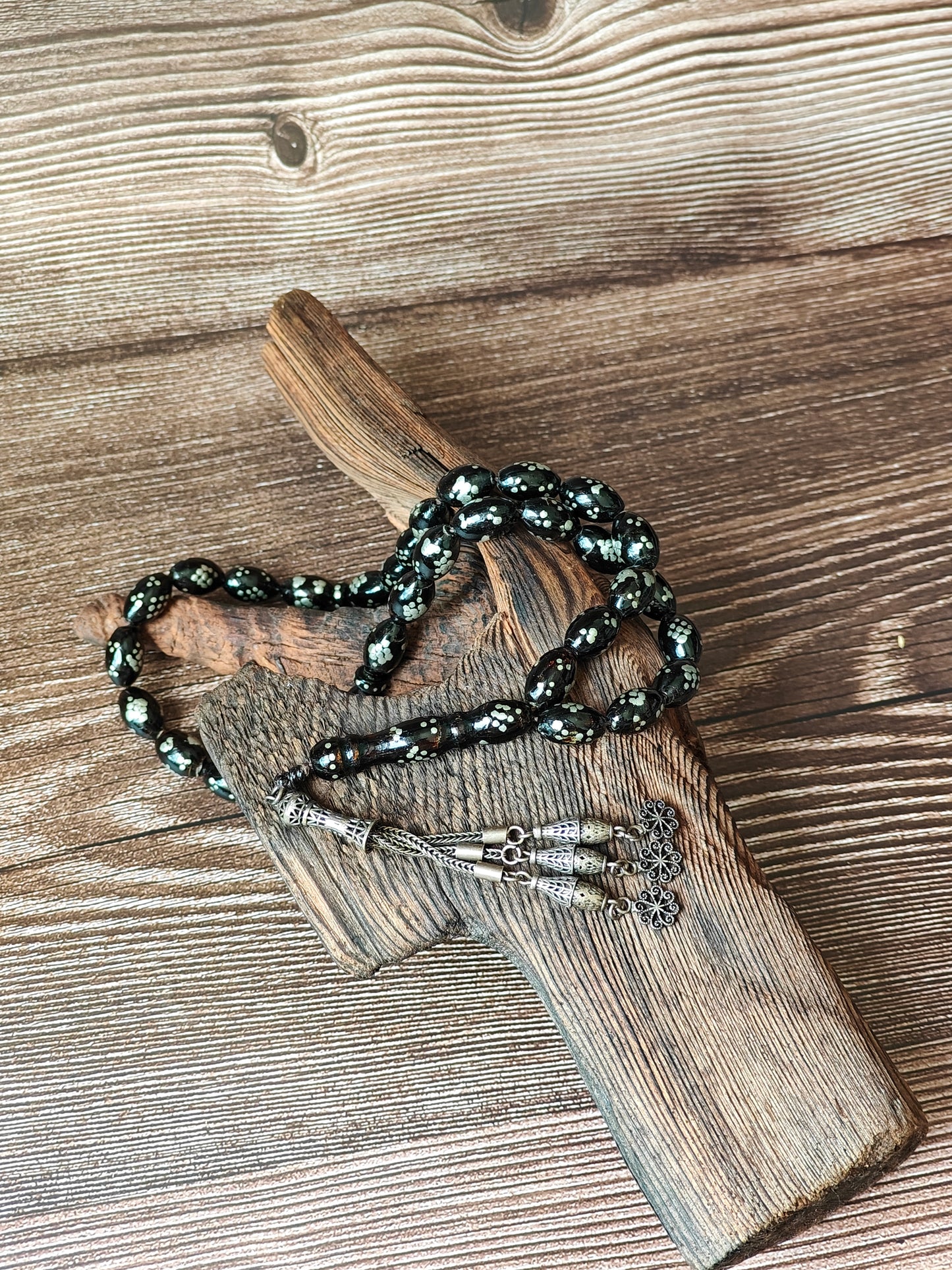 Antique Black Coral Rosary with Silver Engravings and Tassel 33 Beads