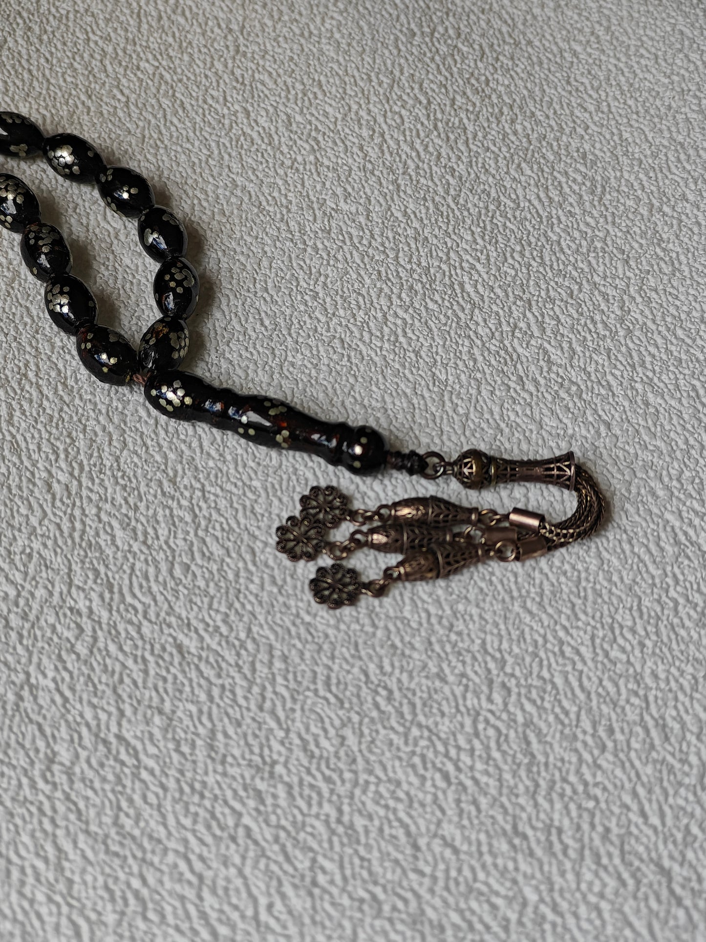 Antique Black Coral Rosary with Silver Engravings and Tassel 33 Beads