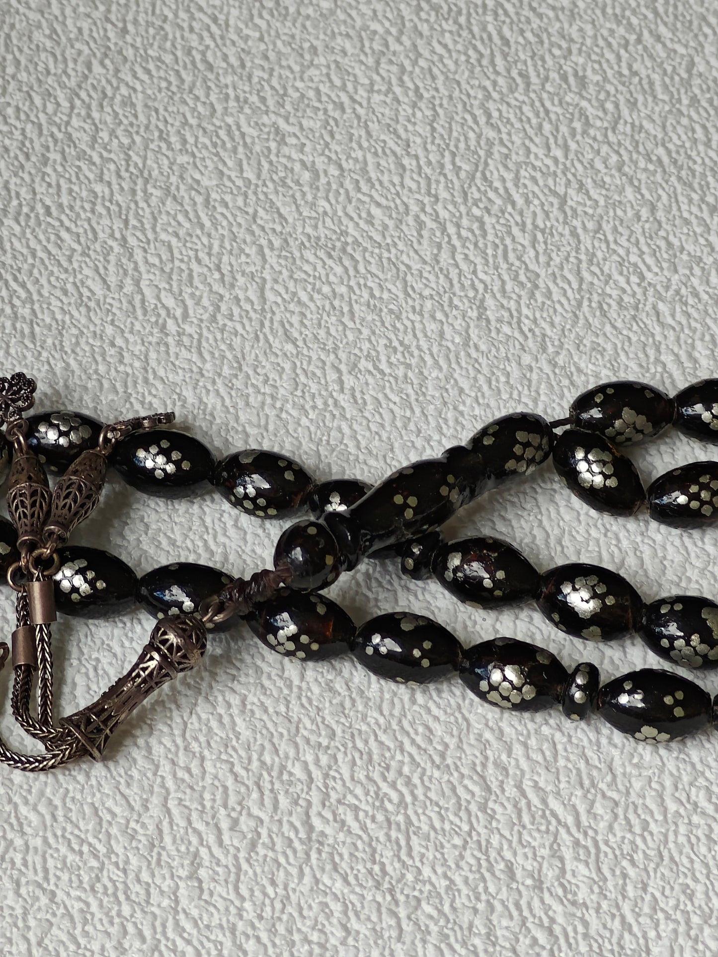Antique Black Coral Rosary with Silver Engravings and Tassel 33 Beads