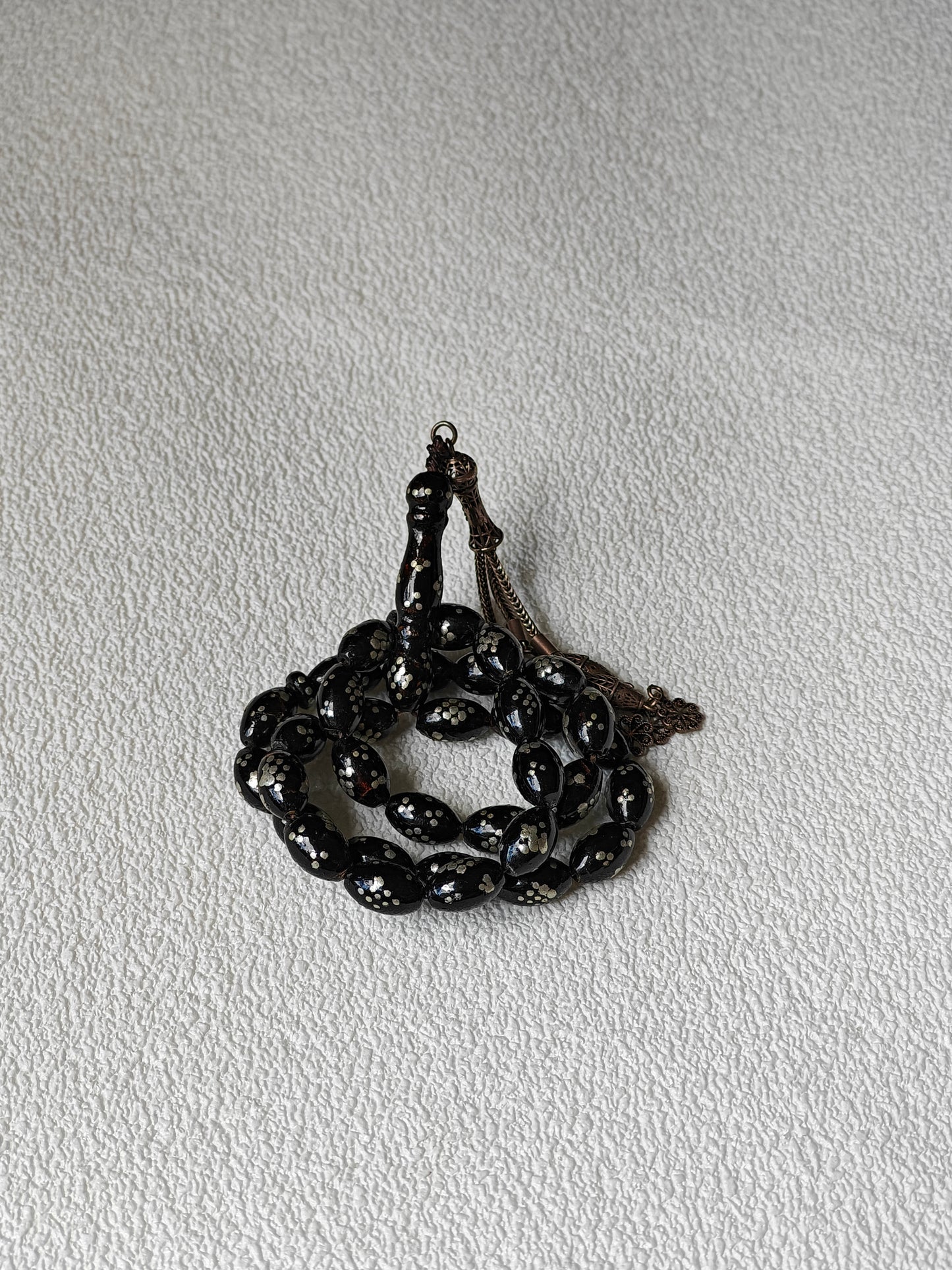 Antique Black Coral Rosary with Silver Engravings and Tassel 33 Beads
