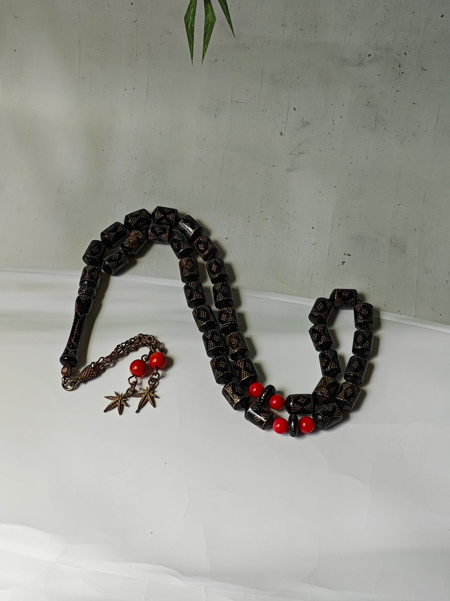 Antique Black Red Sea Coral Barrel Shape Tasbih with Silver Tassel and Engravings 33 Beads